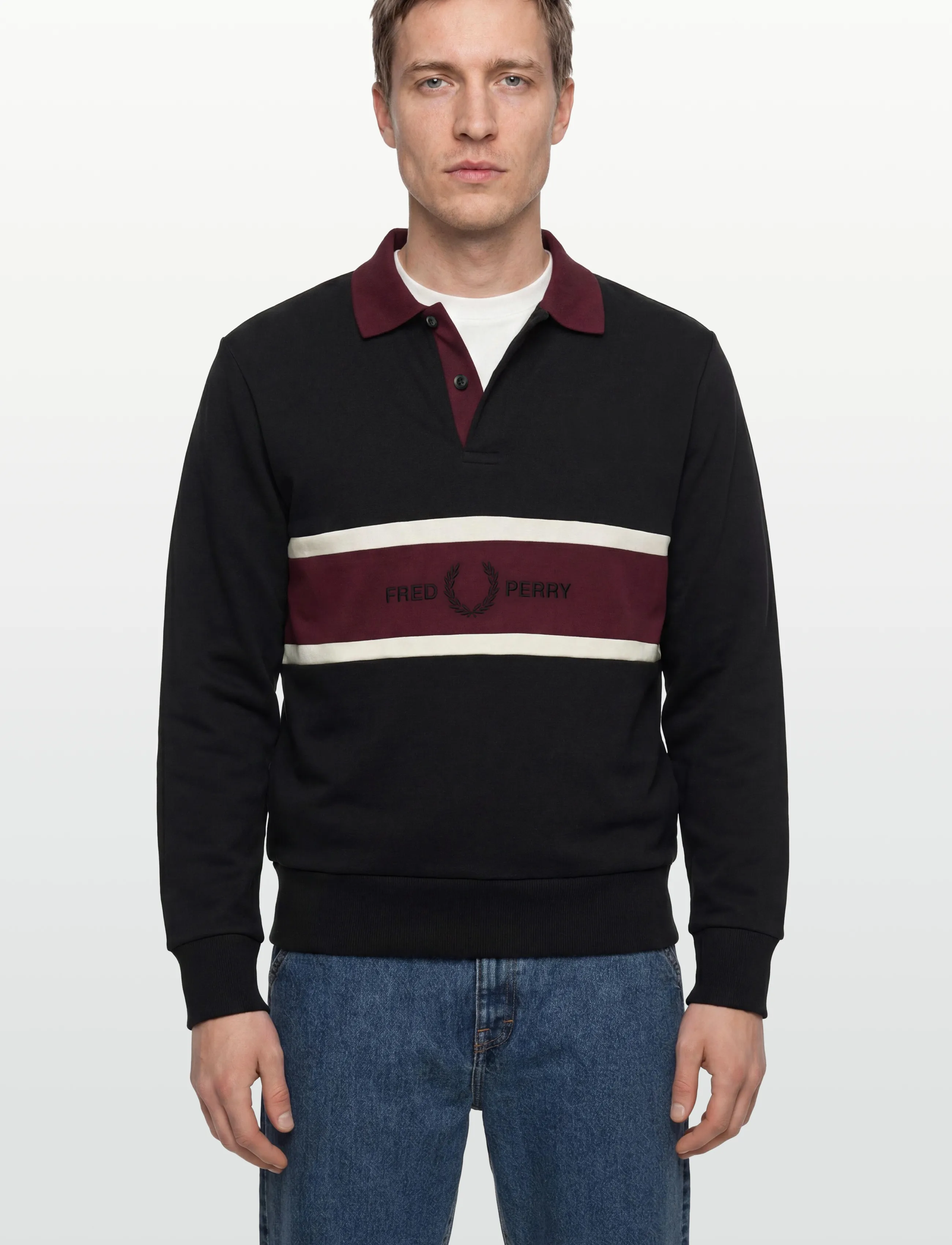 Fred Perry - EMBROIDERED PANEL COLLARED - pikkade varrukatega polod - black - 3