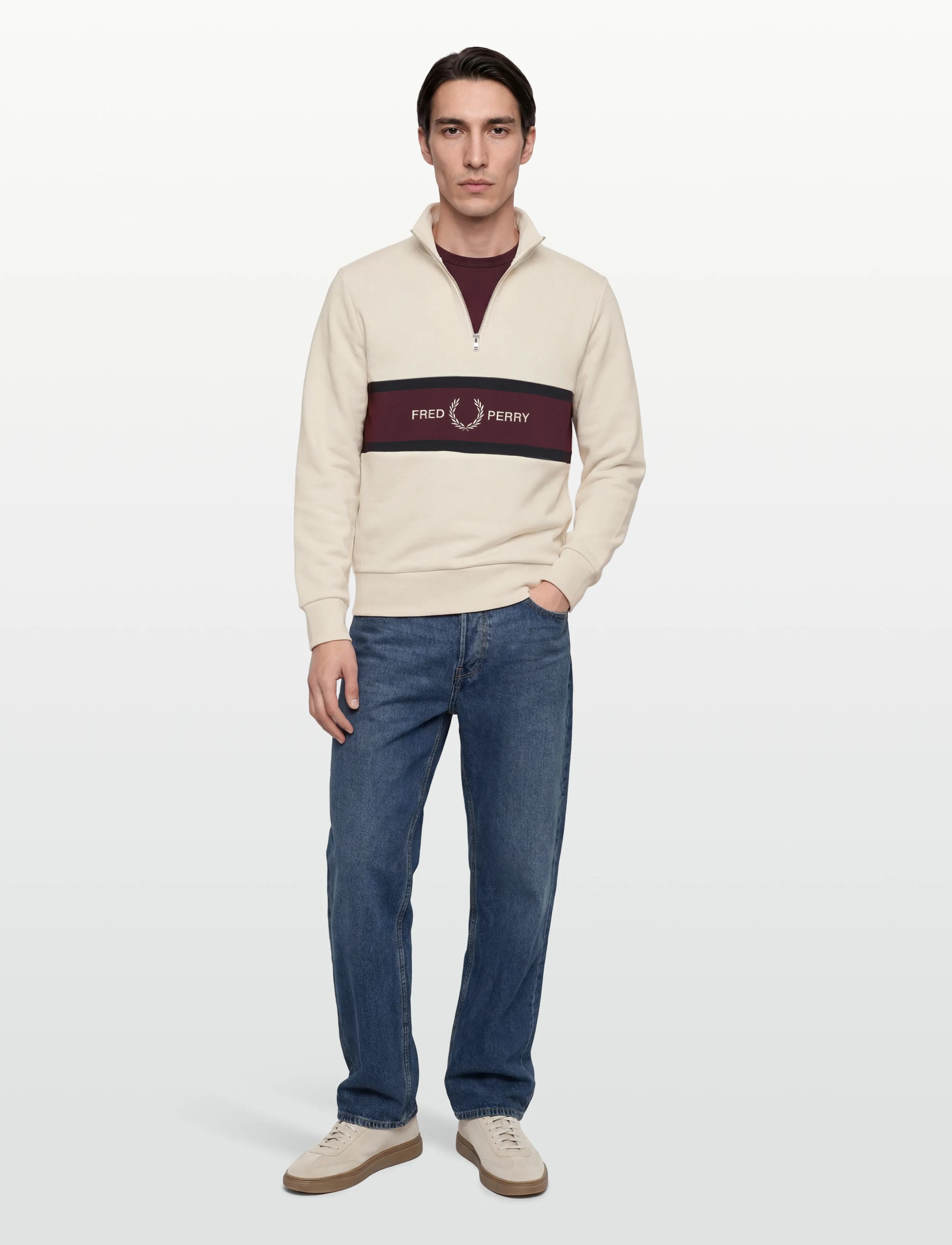 Fred Perry EMBROIDERED PANEL HALF ZIP SWE - Sweatshirts - ECRU / cream