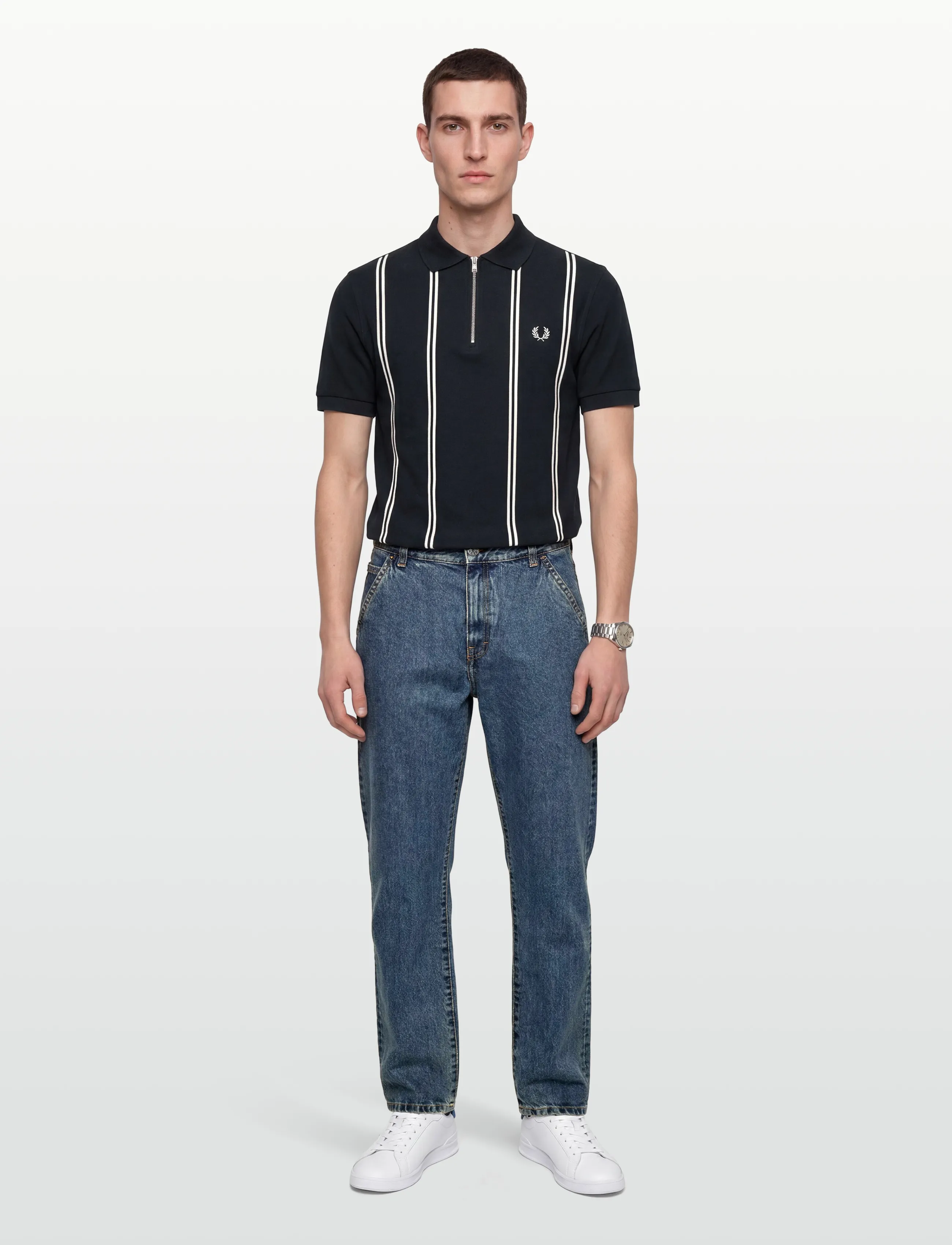 Fred Perry Vertical Stripe Polo, S, Navy, Poloer > Kortærmede, Herre