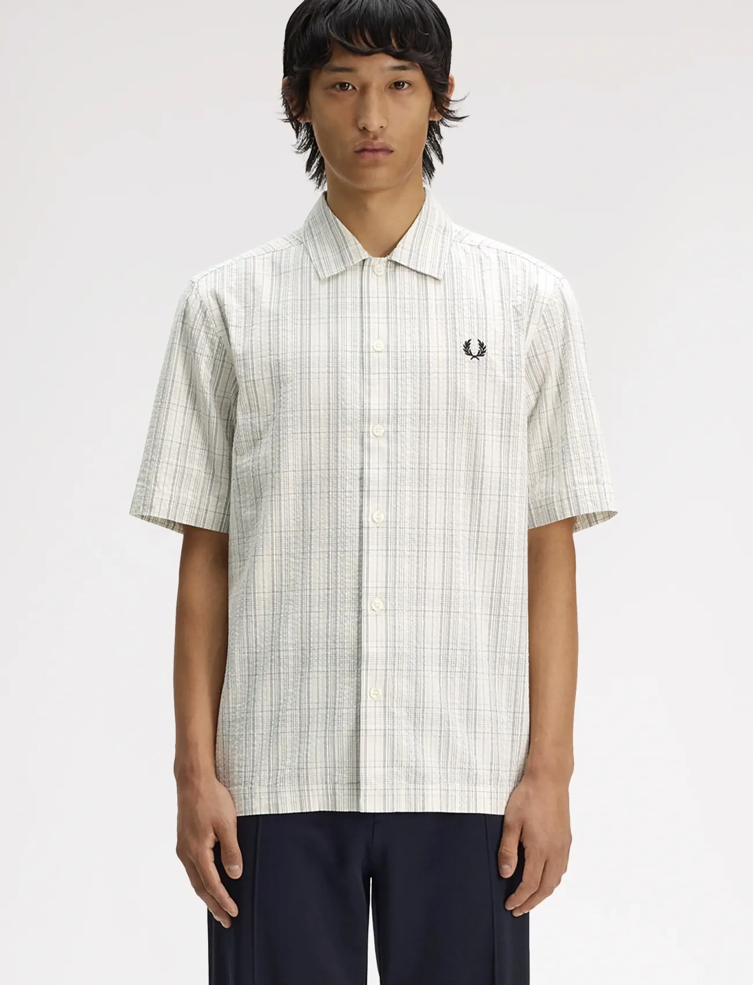 Fred Perry Seersucker Check Shirt, L, Shirts, Creme - Checkered Männerswear