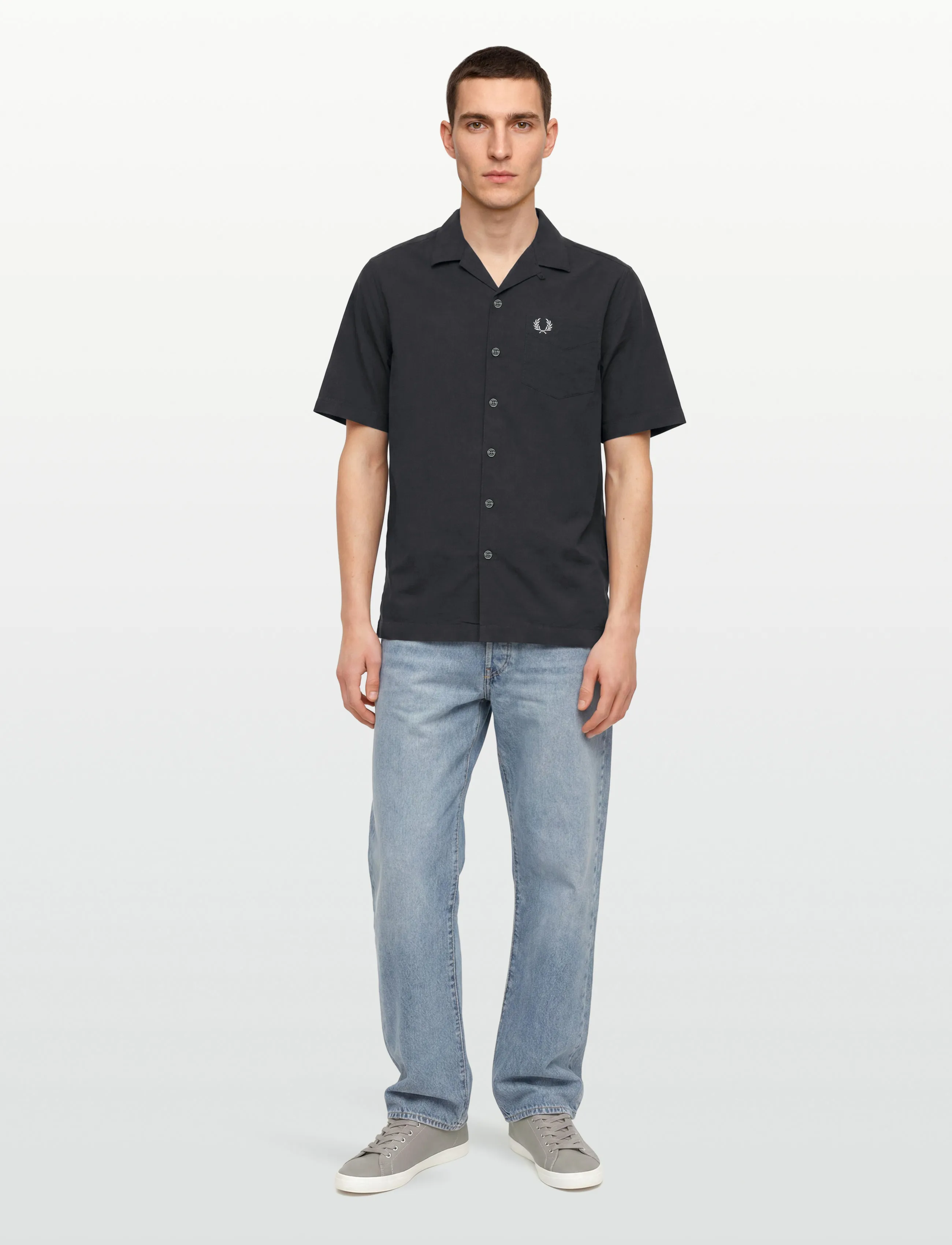 Fred Perry Seersucker Revere Collar Shirt, M, Grey, Skjorter > Kortærmede Shirts, Herre