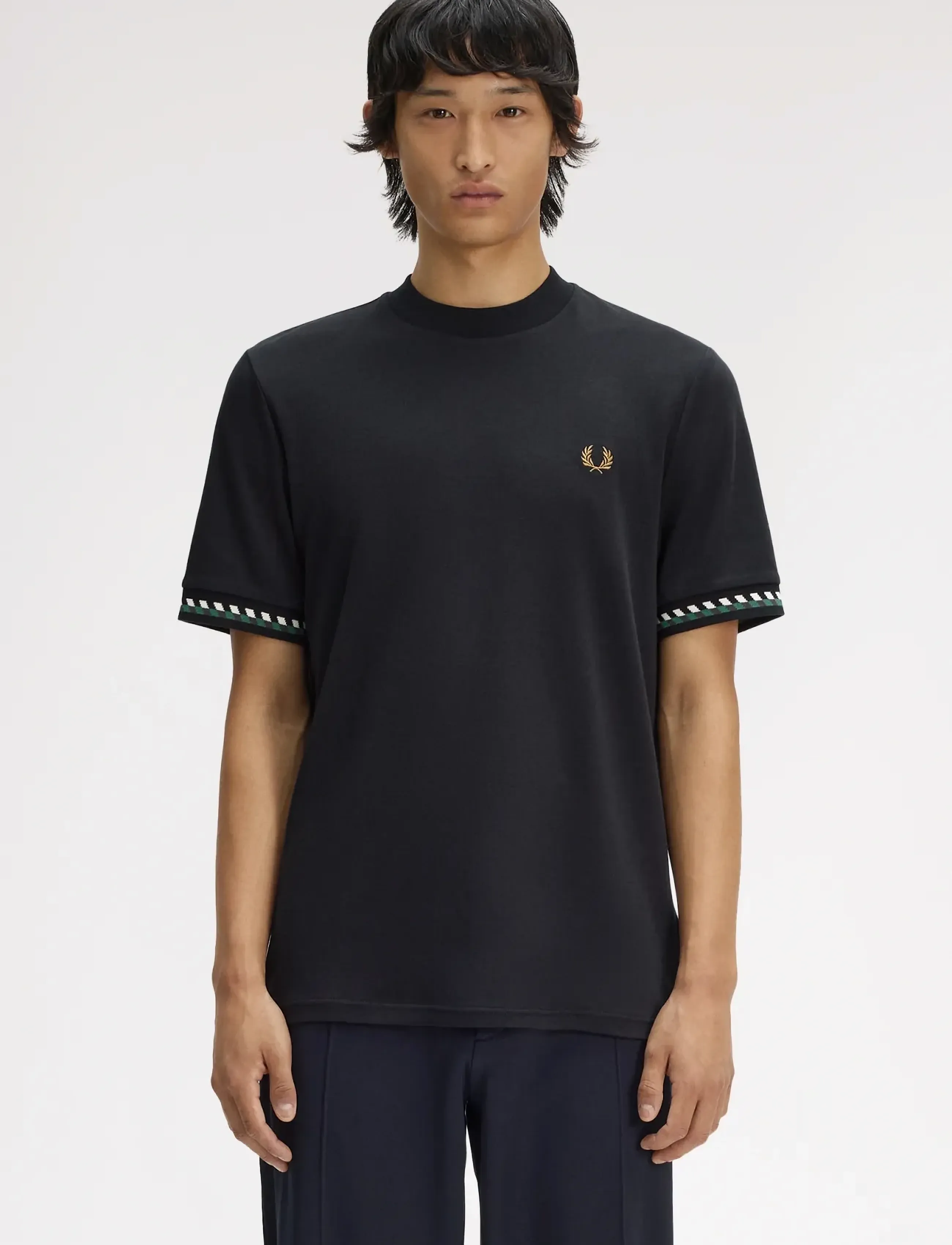 Fred Perry Jacquard Cuff T-Shirt, S, Black, T-Shirts > Kortærmede, Herre