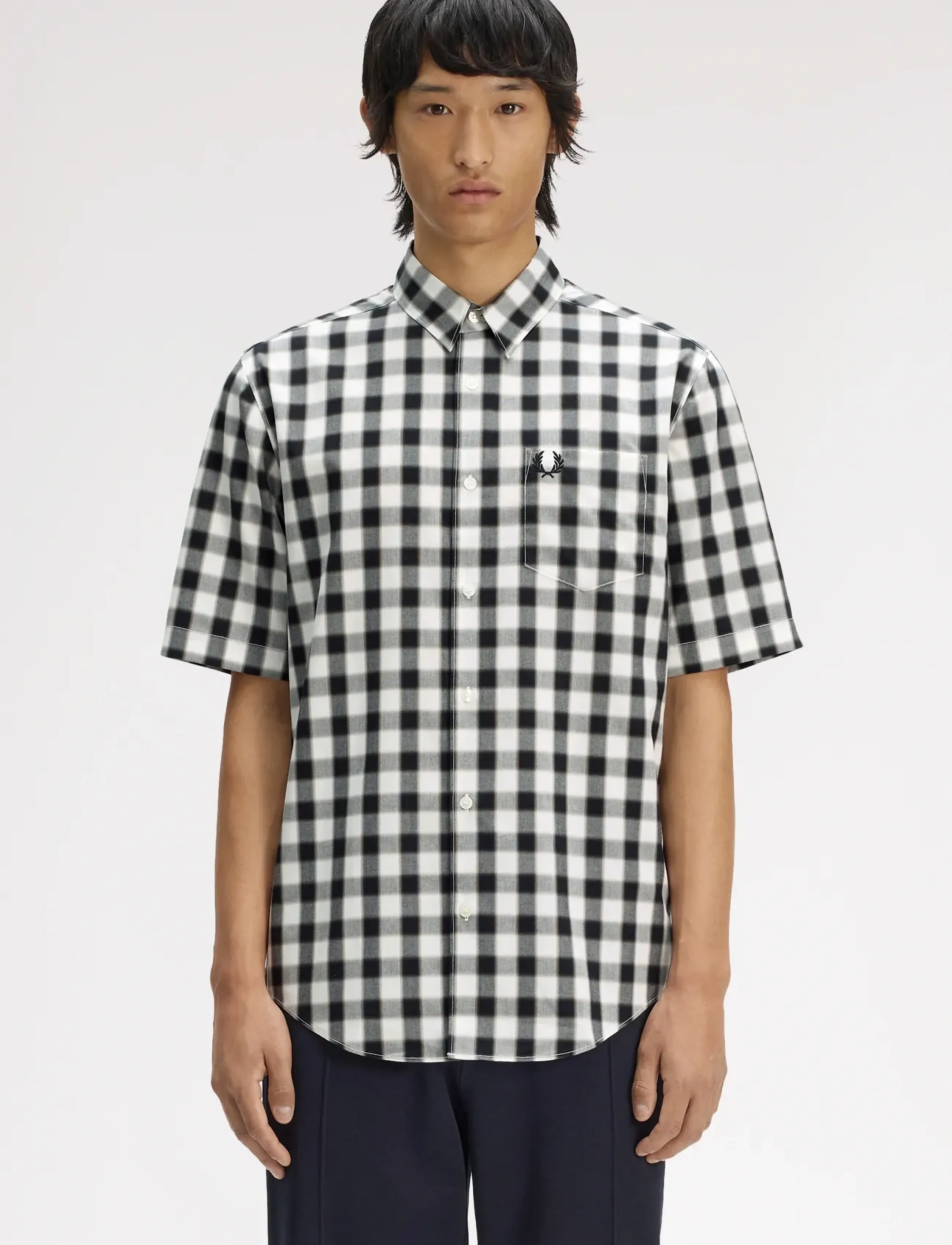 Fred Perry Blurred Gingham Shirt, Mænd, Kortærmet Gingham Skjorte, Grå, Str: S