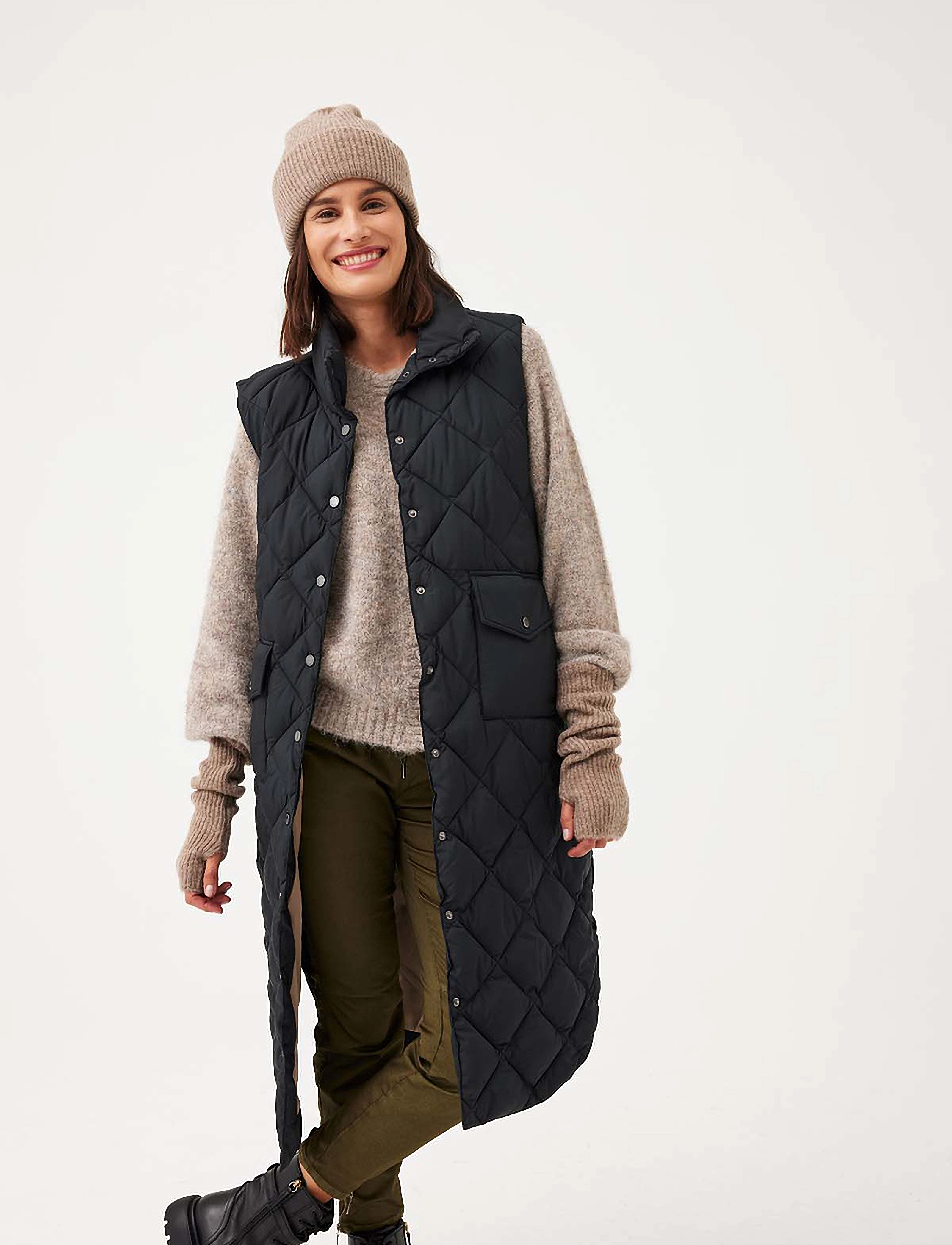 FREE/QUENT Knee-Length Quilted Waistcoat, M, Black, Veste > Quiltede Veste, Dame