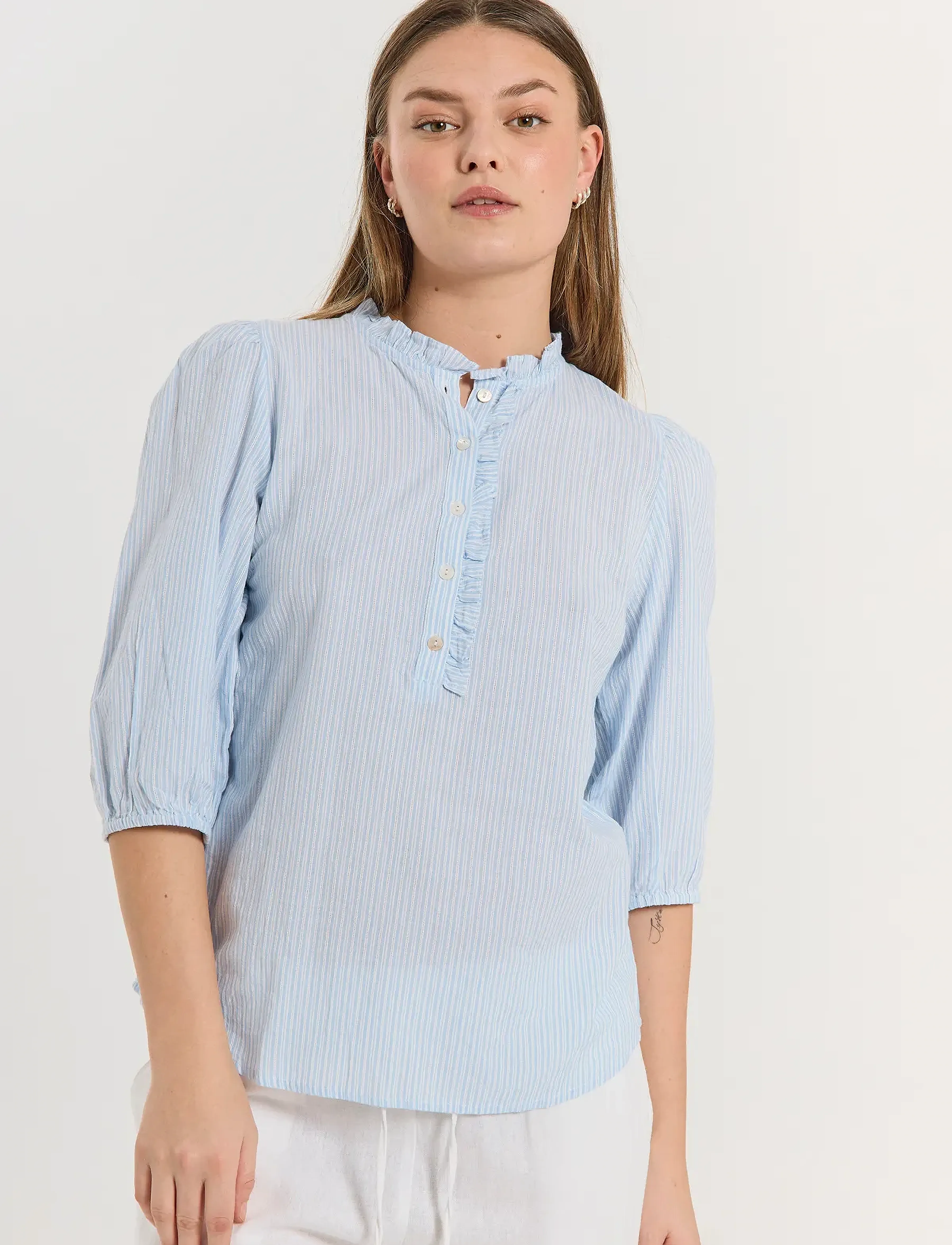 FREE/QUENT Fqrolly-Blouse, Damen, Rüschenbluse, Blau, Gr.XS