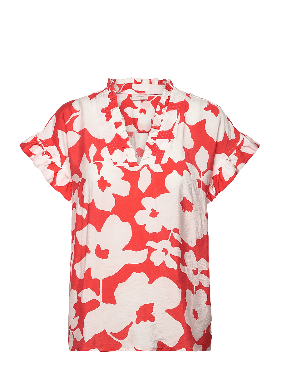 FREE/QUENT - Blouse - kortærmede skjorter - brilliant white w. hot coral - 0
