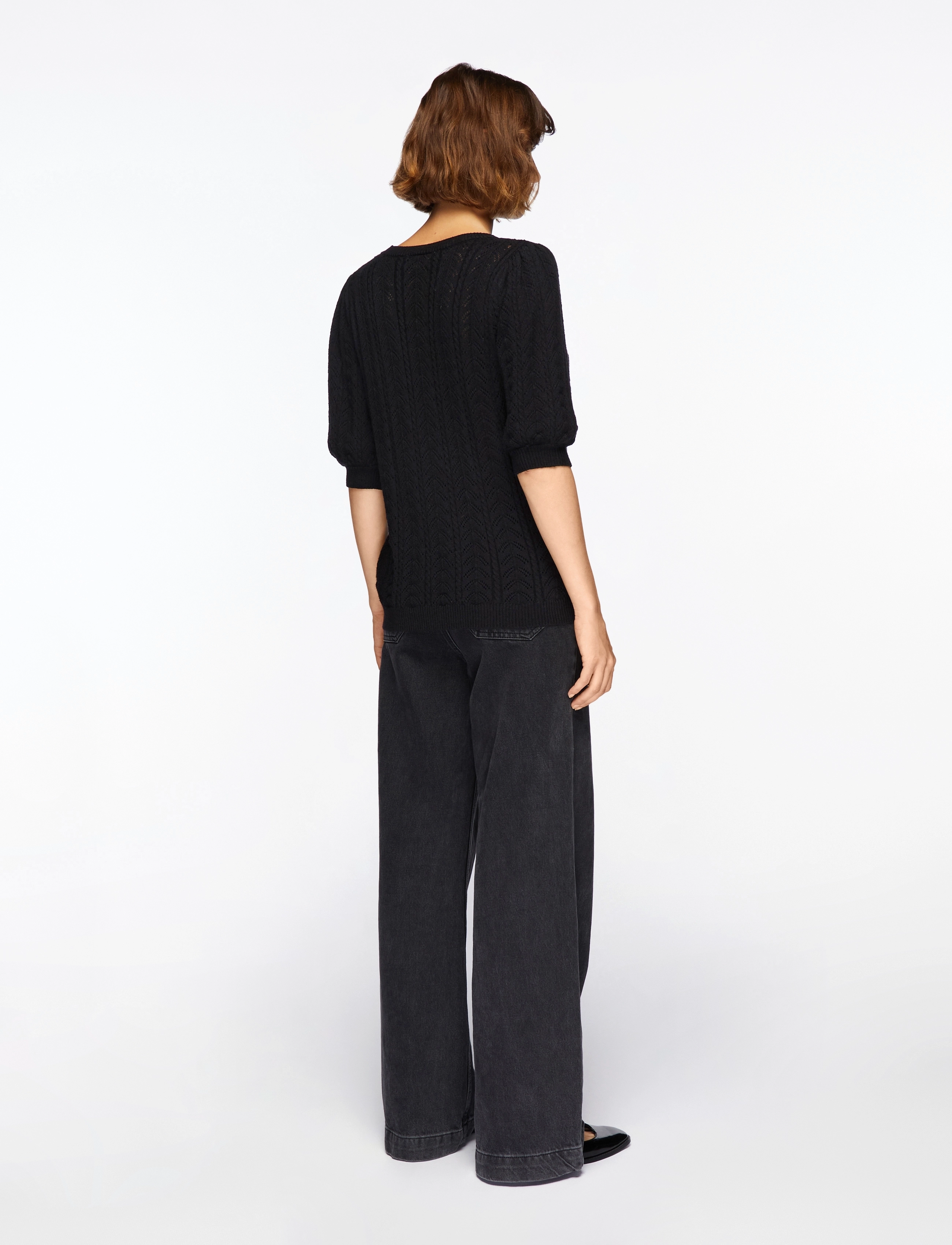 FREE/QUENT - Pullover from Freequent in a super soft material with an elegant hole pattern. T - blouses à manches courtes - black - 4