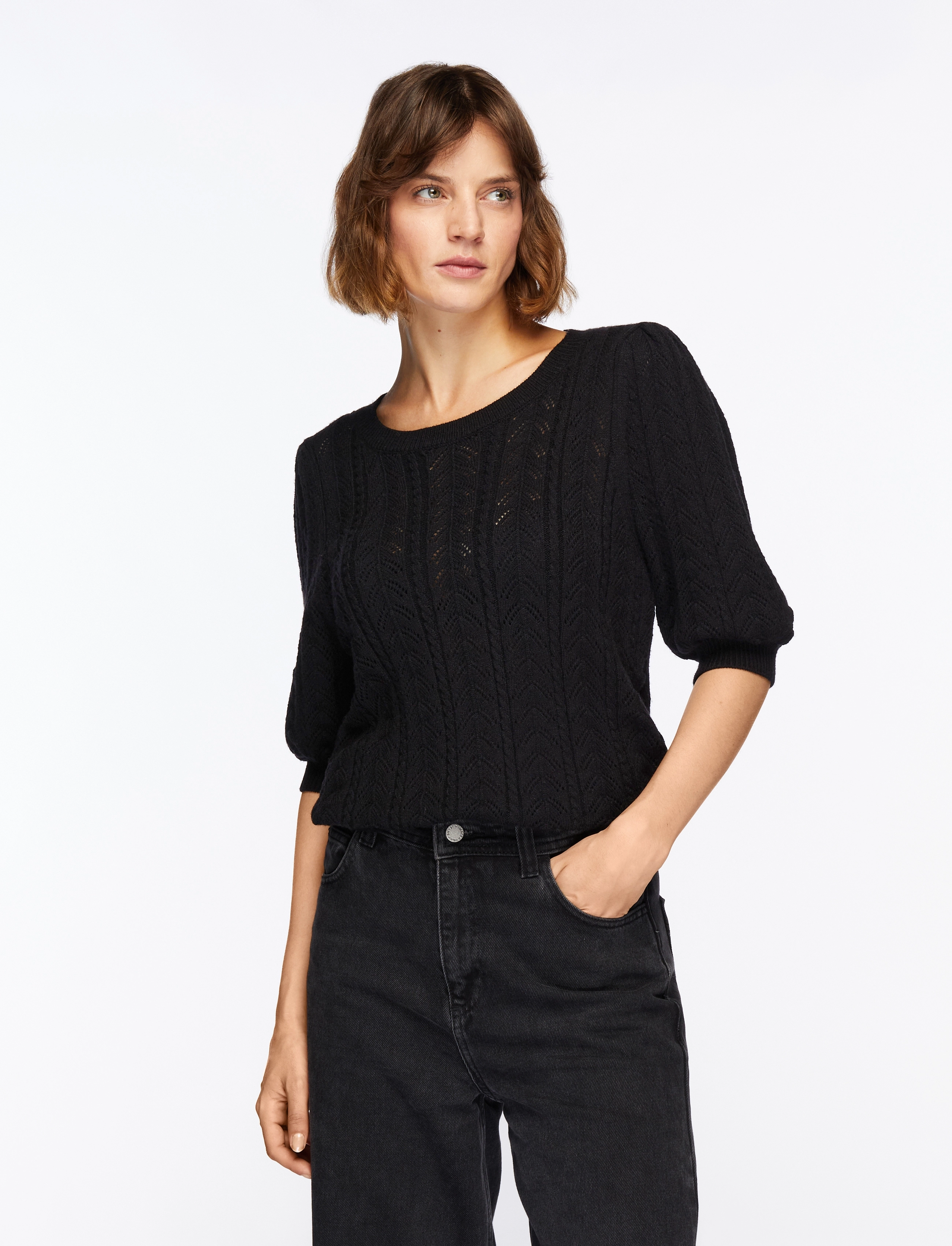 FREE/QUENT Pullover from Freequent in a super soft material with an elegant hole pattern. T - Blusen - BLACK / black