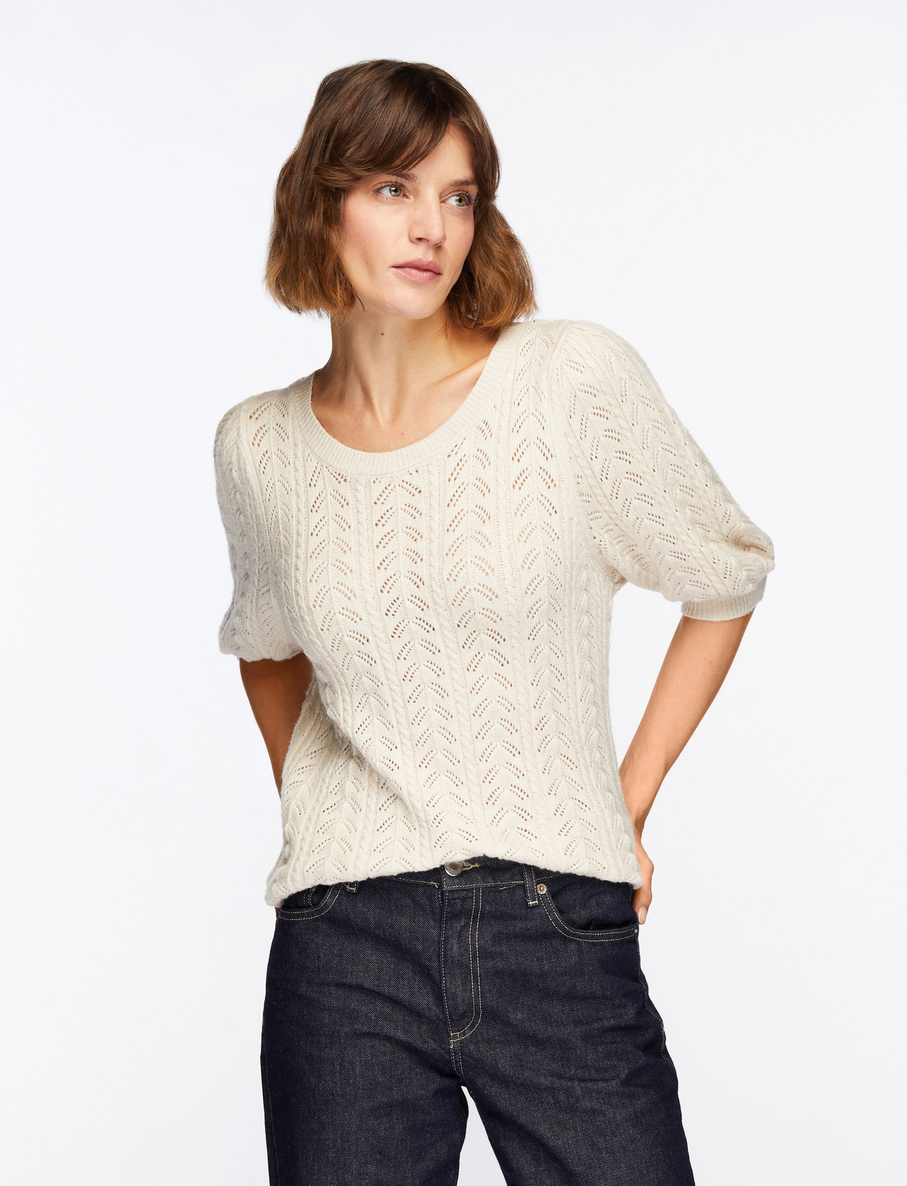 FREE/QUENT - Pullover from Freequent in a super soft material with an elegant hole pattern. T - kortærmede bluser - sand melange - 4