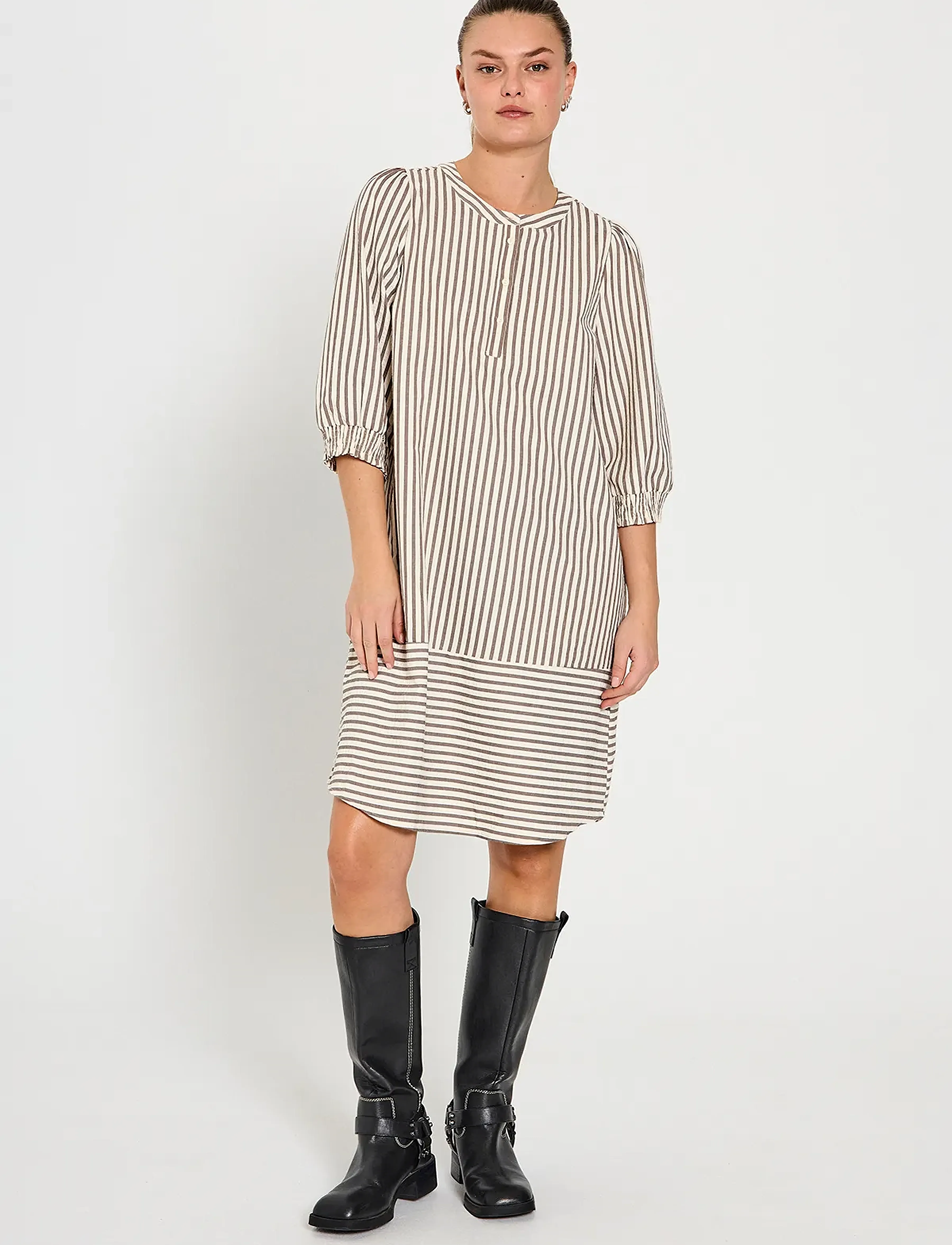 FREE/QUENT Dress, Kvinder, Stribet Skjortekjole, Beige, Str: S