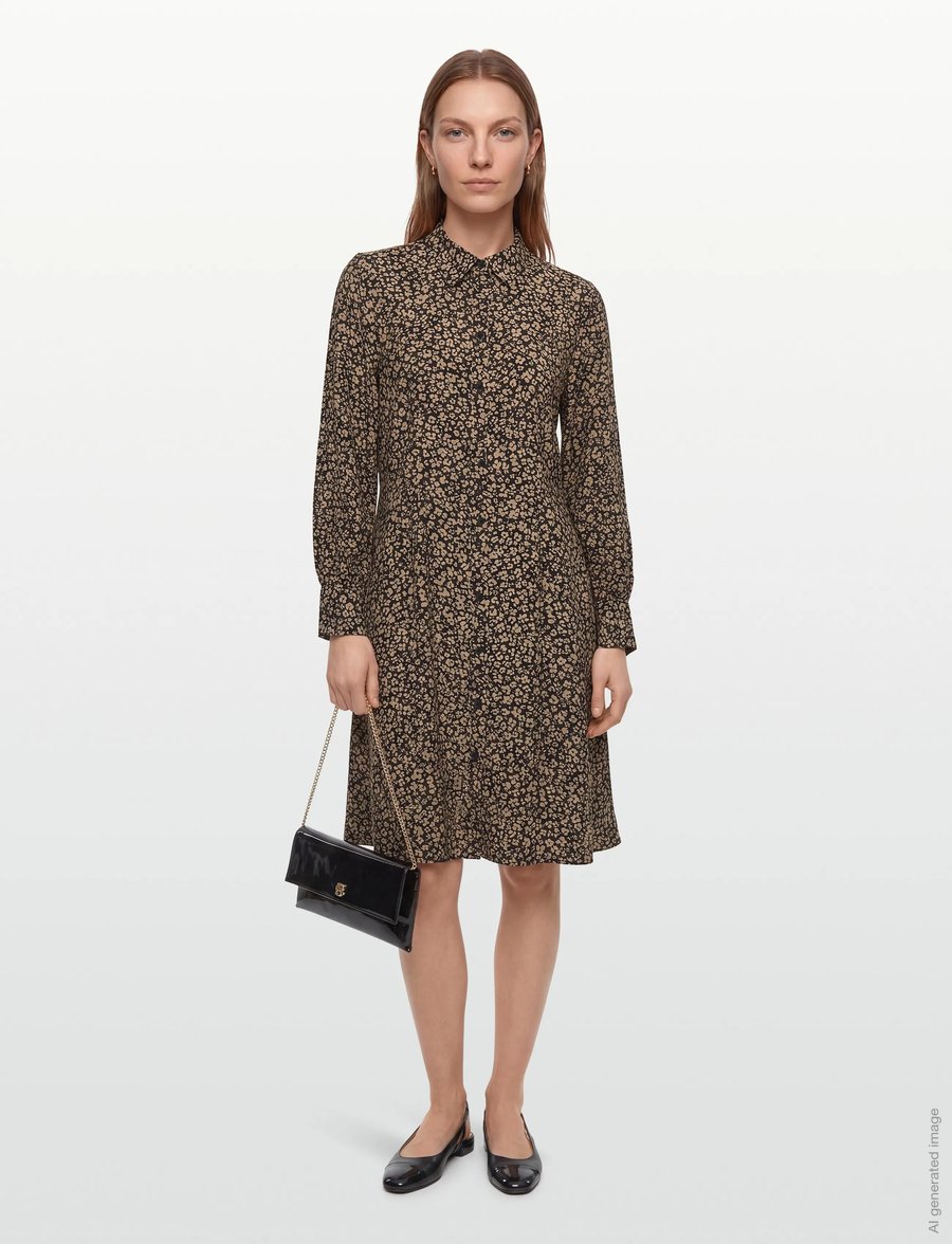 FREE/QUENT - Dress from Freequent in a soft material with allover print. The dress is simple - skjortklänningar - black w. desert taupe - 0