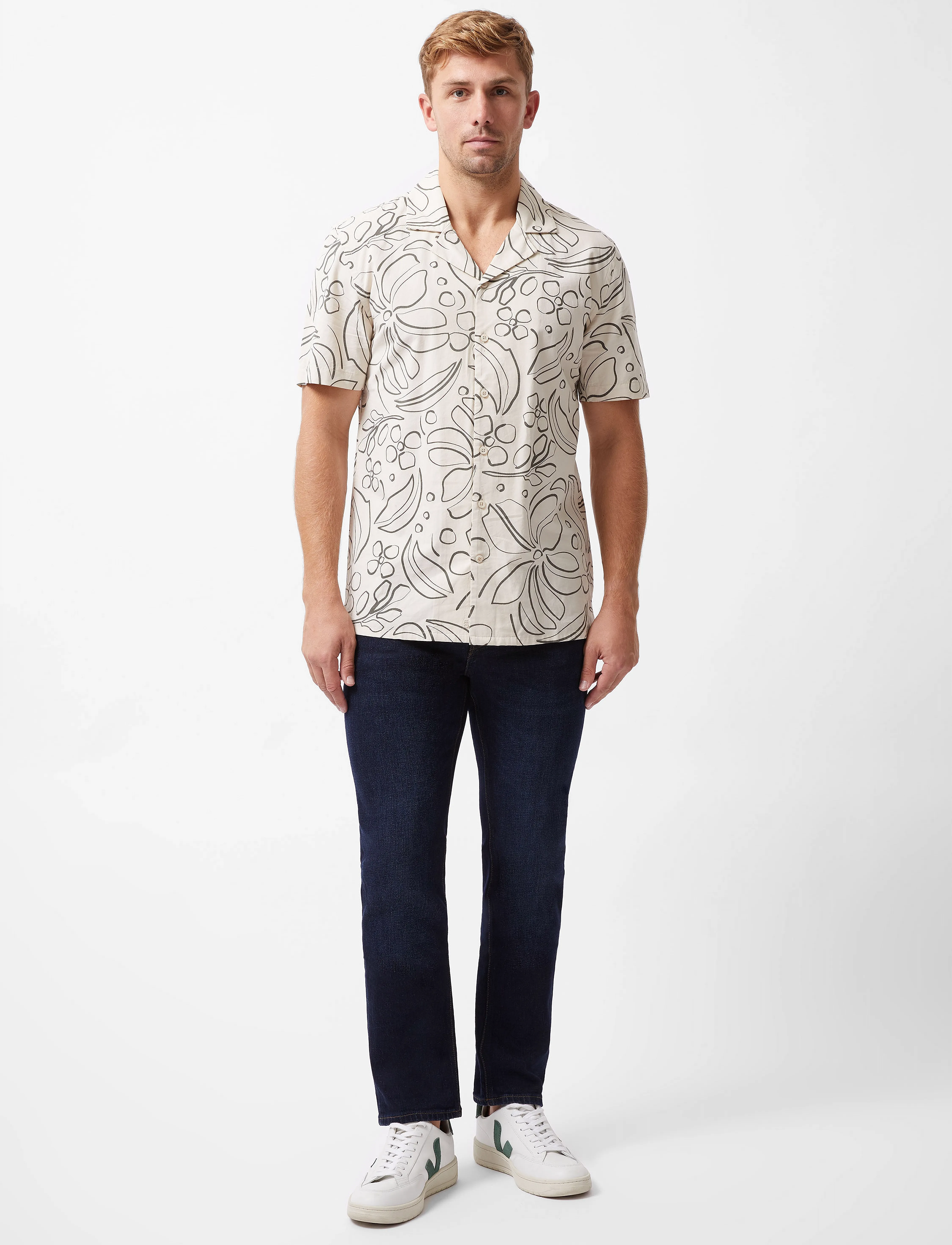 French Connection Floral Revere, Mænd, Blomstret Revers Skjorte, Beige, Str: L