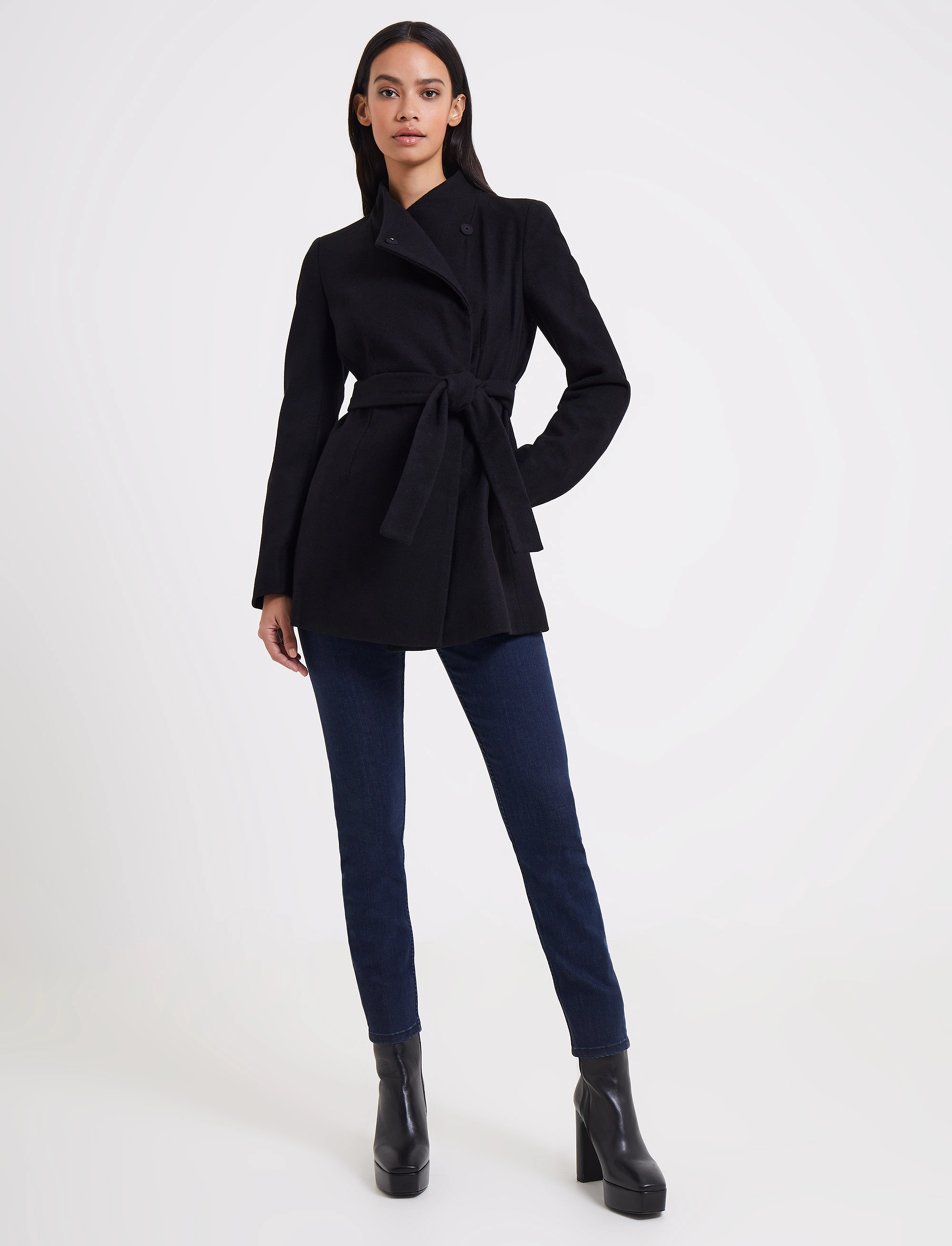 French Connection Platform Felt Crossover Coat, XS, Black, Jakker > Uldjakker, Dame