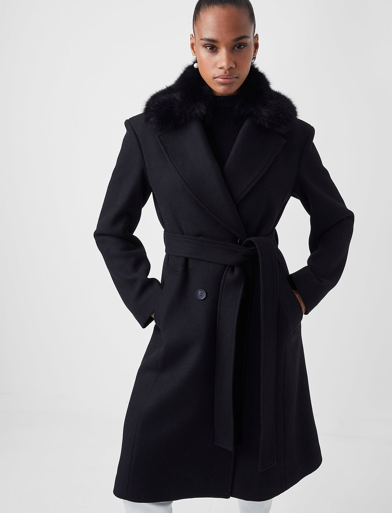 French Connection - FAVAN FELT L/S TIE WAIST COAT - black - 3