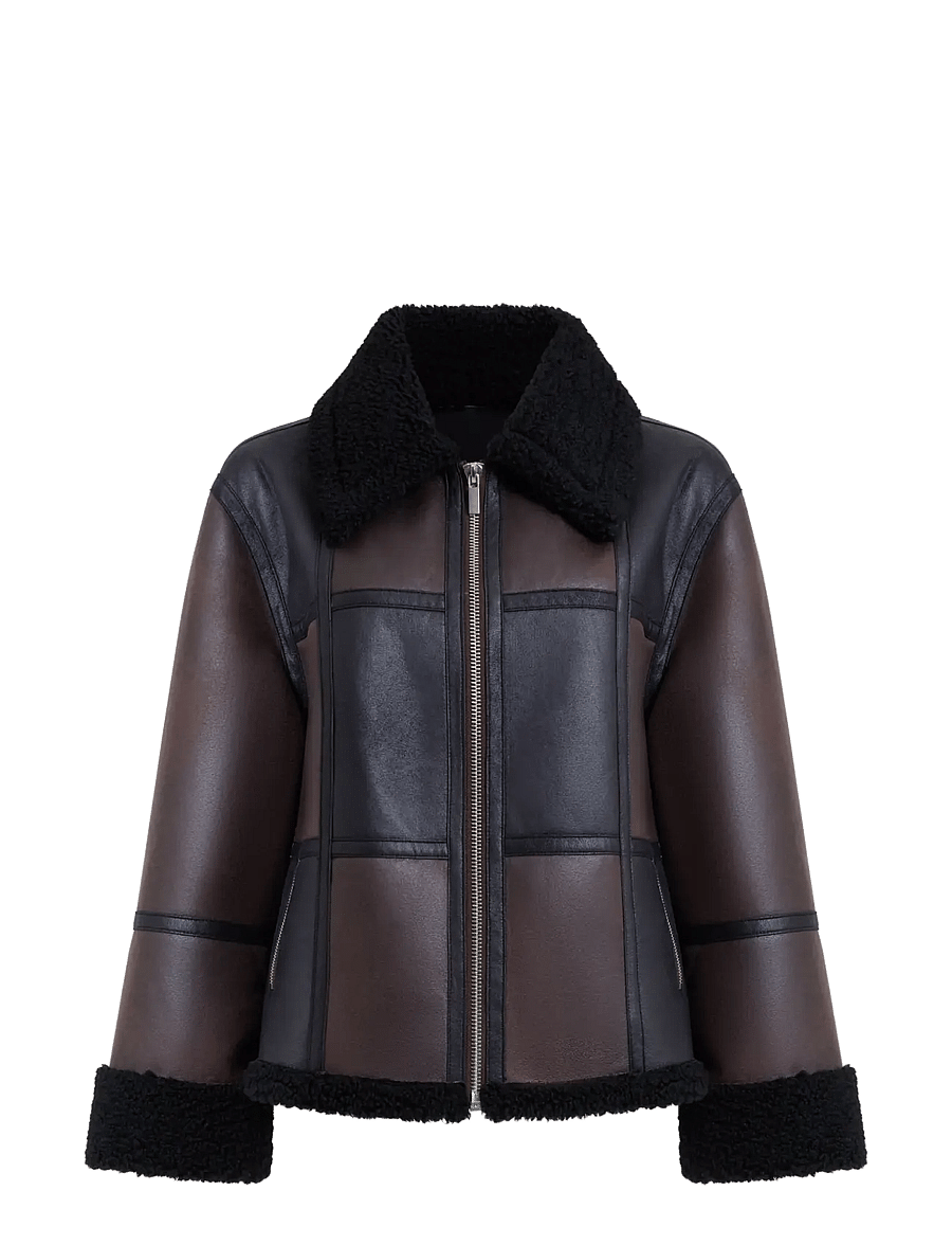 French Connection - CAMRY SUEDE PATCHWORK FAUX SHEARLING JACKET - bomber jackets - brown - 1