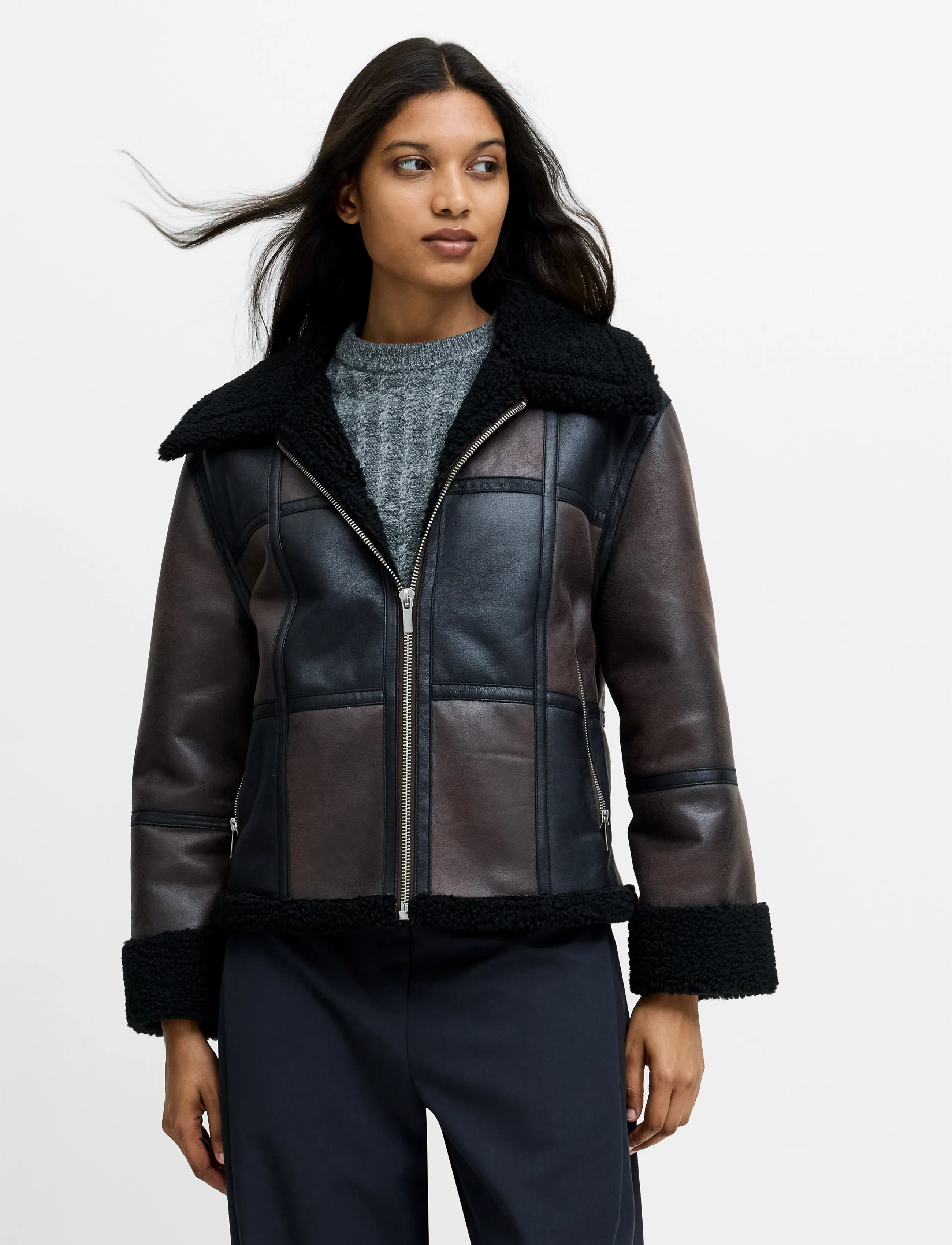 French Connection CAMRY SUEDE PATCHWORK FAUX SHEARLING JACKET - Bomber Jackets - BROWN / brown