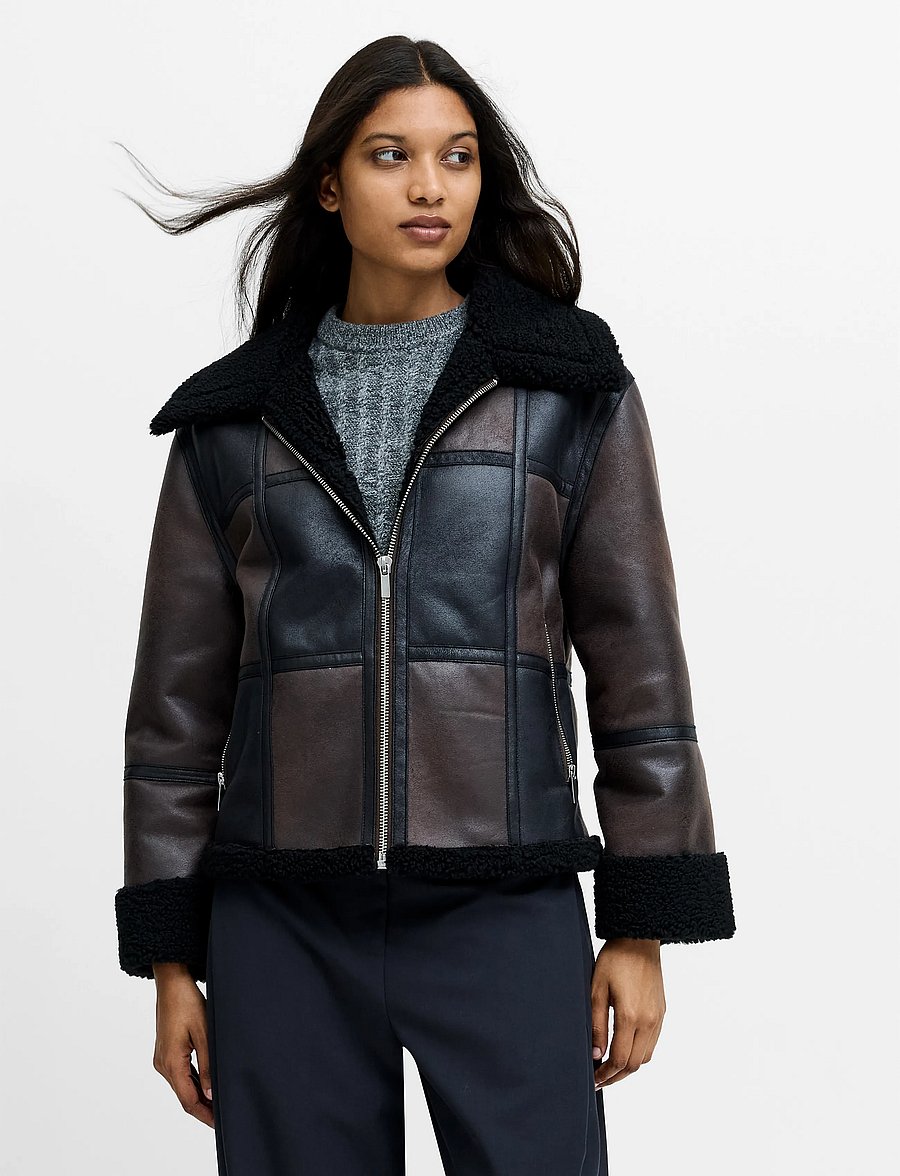 French Connection - CAMRY SUEDE PATCHWORK FAUX SHEARLING JACKET - bomber jackets - brown - 0