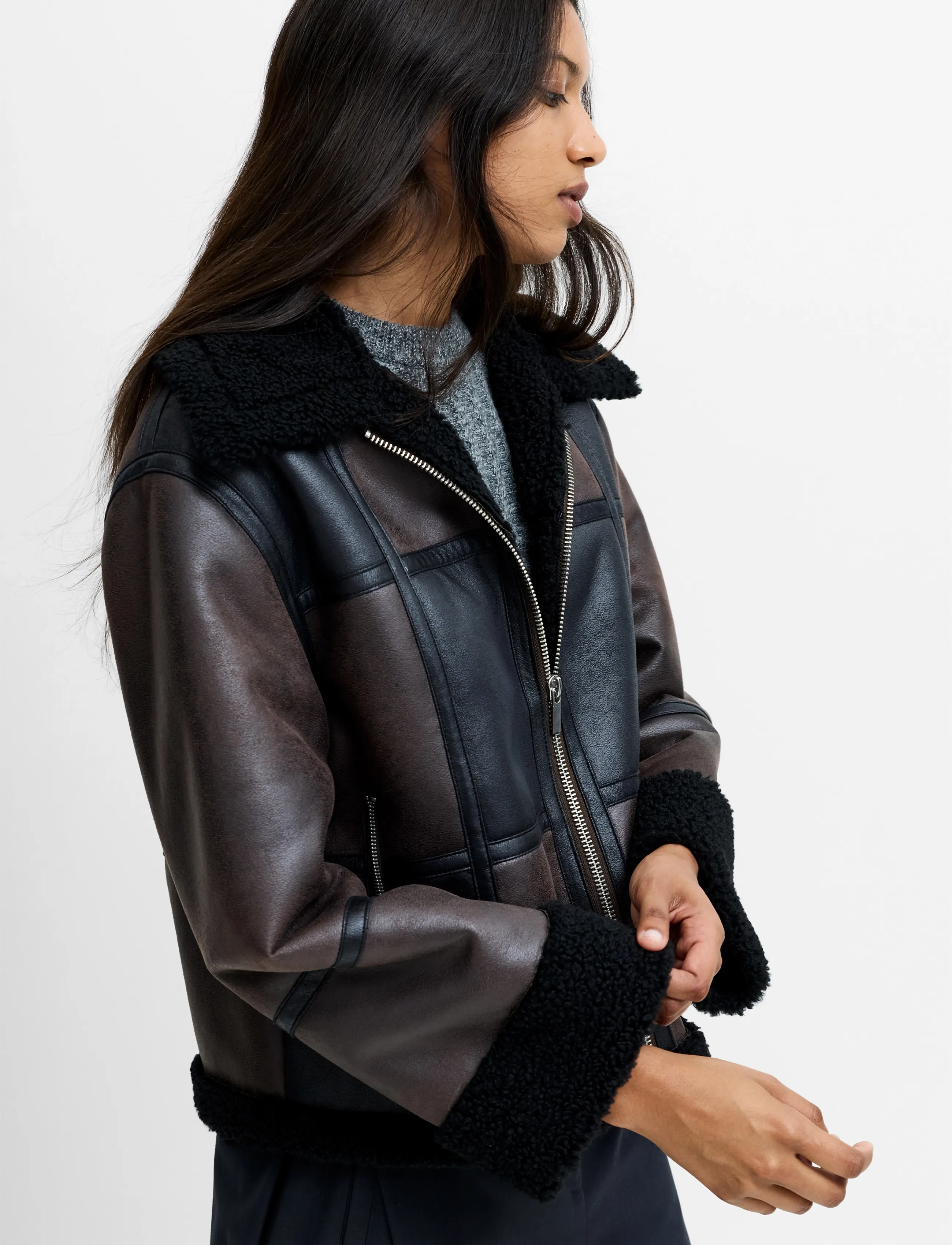 French Connection - CAMRY SUEDE PATCHWORK FAUX SHEARLING JACKET - bomber jackets - brown - 2
