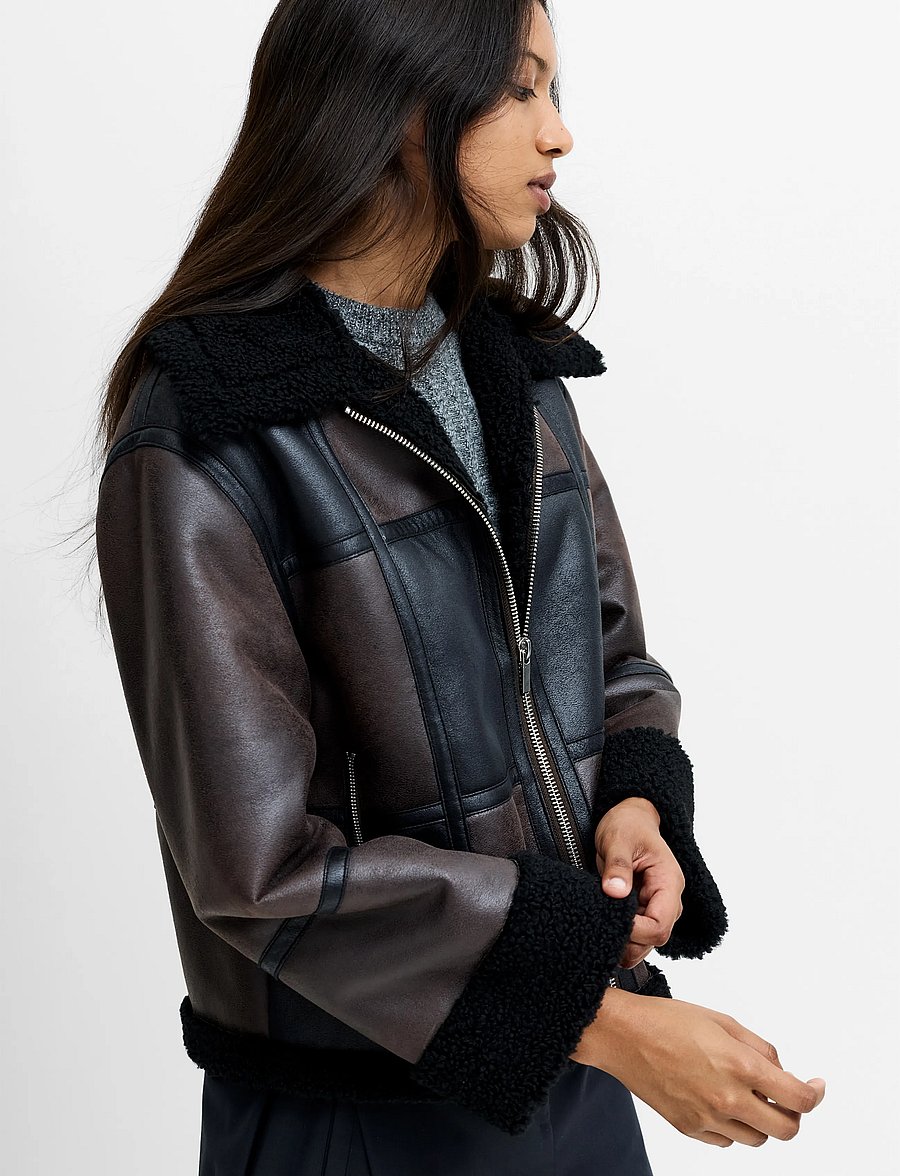 French Connection - CAMRY SUEDE PATCHWORK FAUX SHEARLING JACKET - bomber jackets - brown - 2