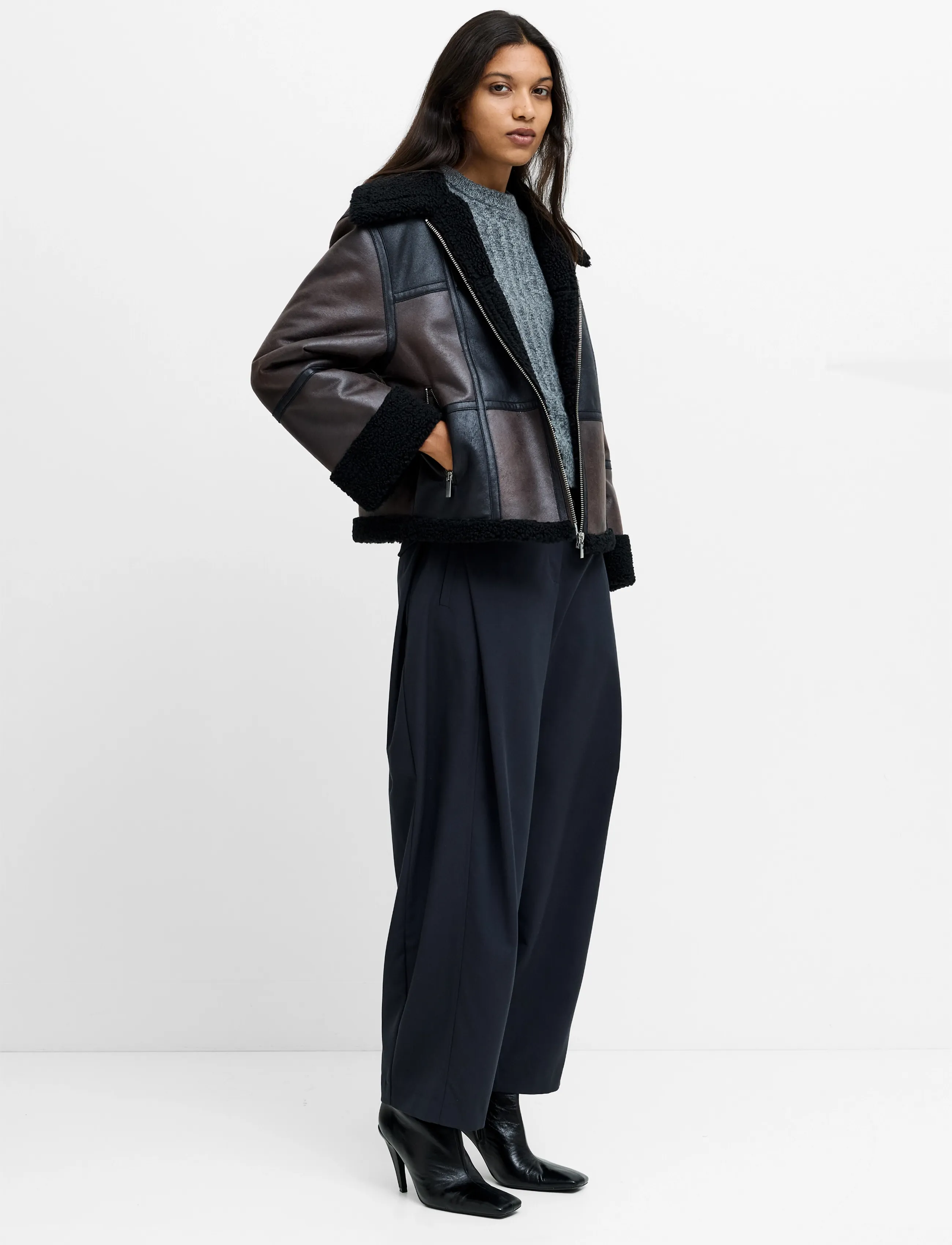 French Connection - CAMRY SUEDE PATCHWORK FAUX SHEARLING JACKET - bomber jackets - brown - 3