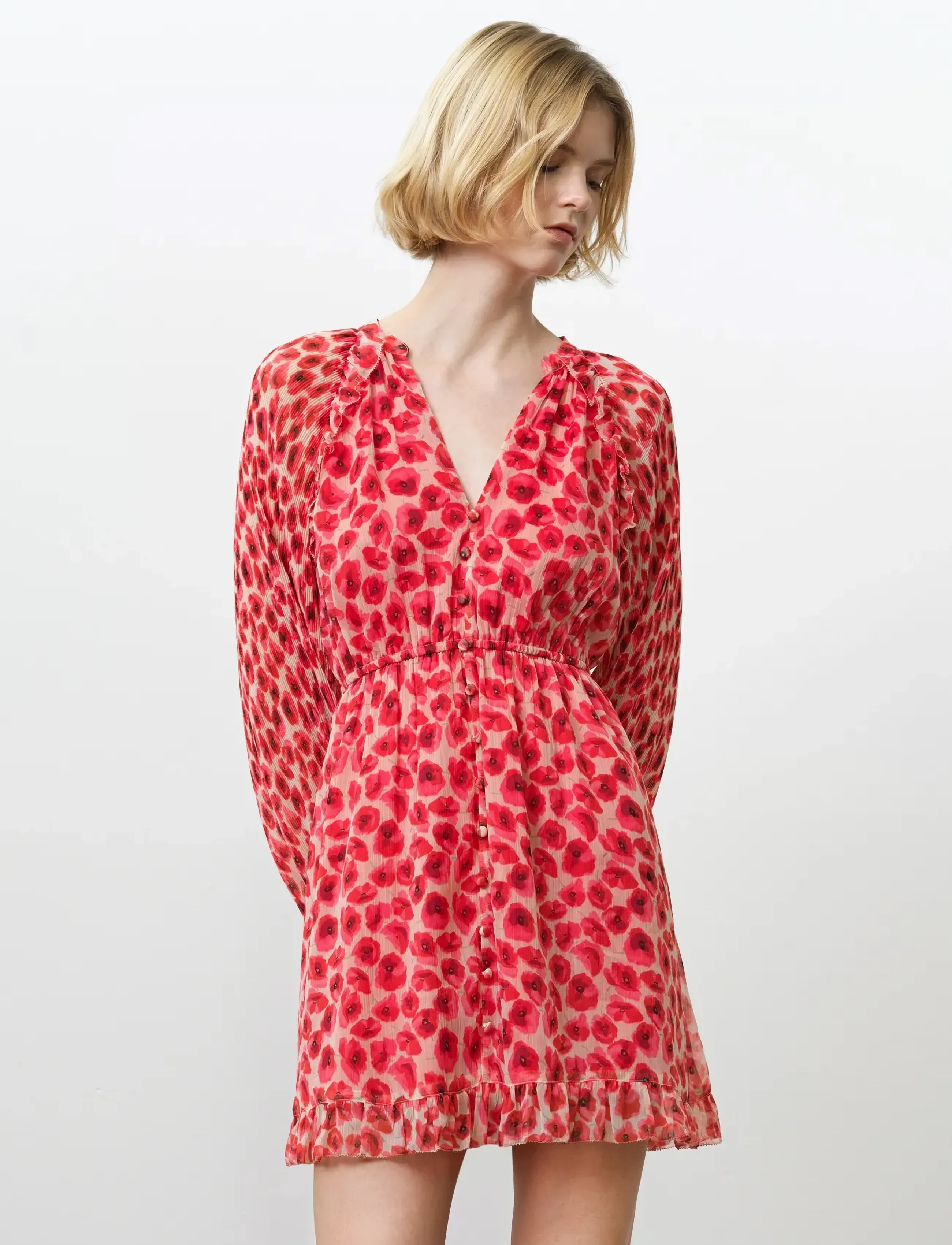 French Connection Poppy Emina Pleated Slv Dress, Kvinder, Plisseret Ærme Minikjole, Rød, Str: XS