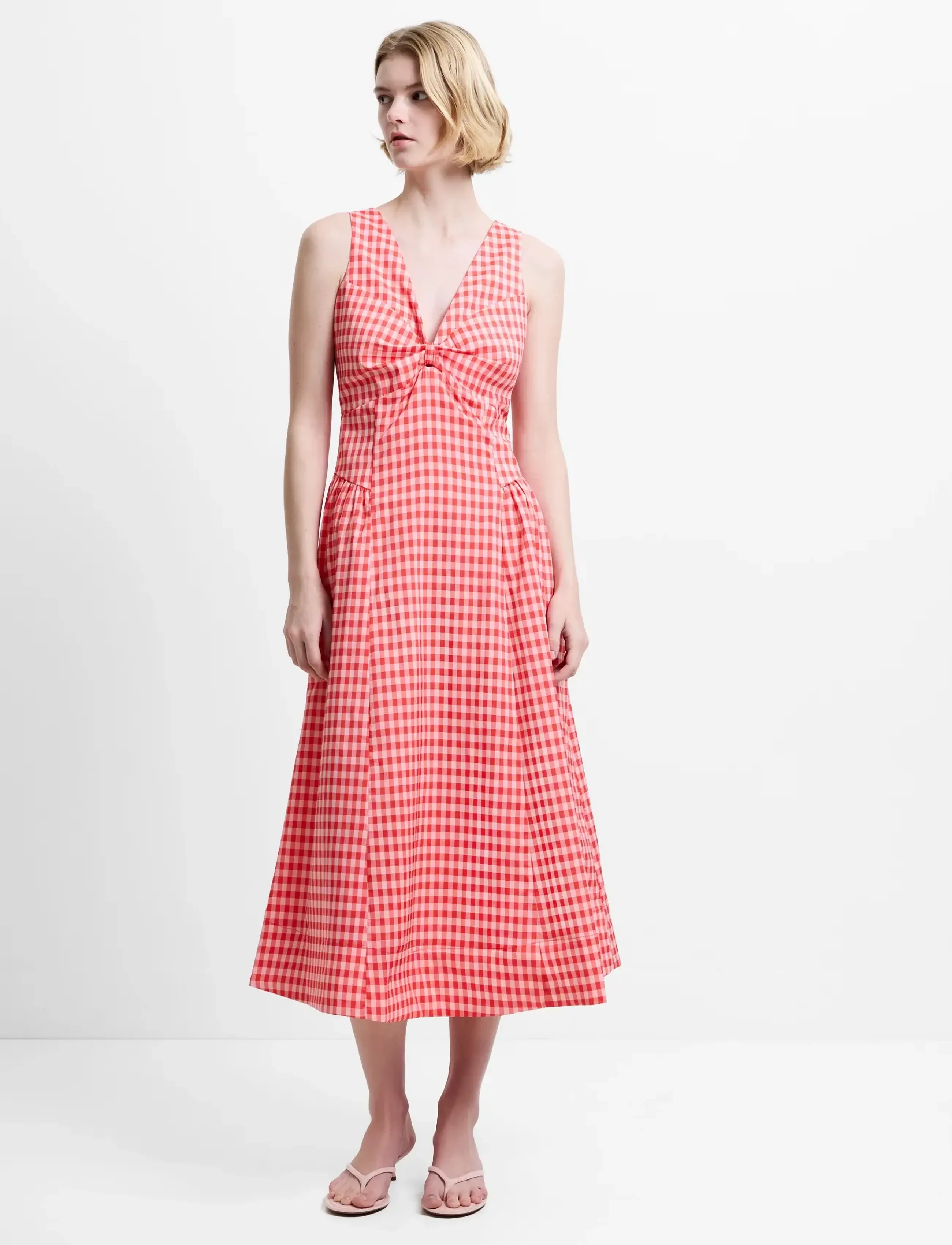 French Connection Sheila Voluminous Midi Dress, Kvinder, Gingham Twist Front Midikjole, Rød, Str: 34