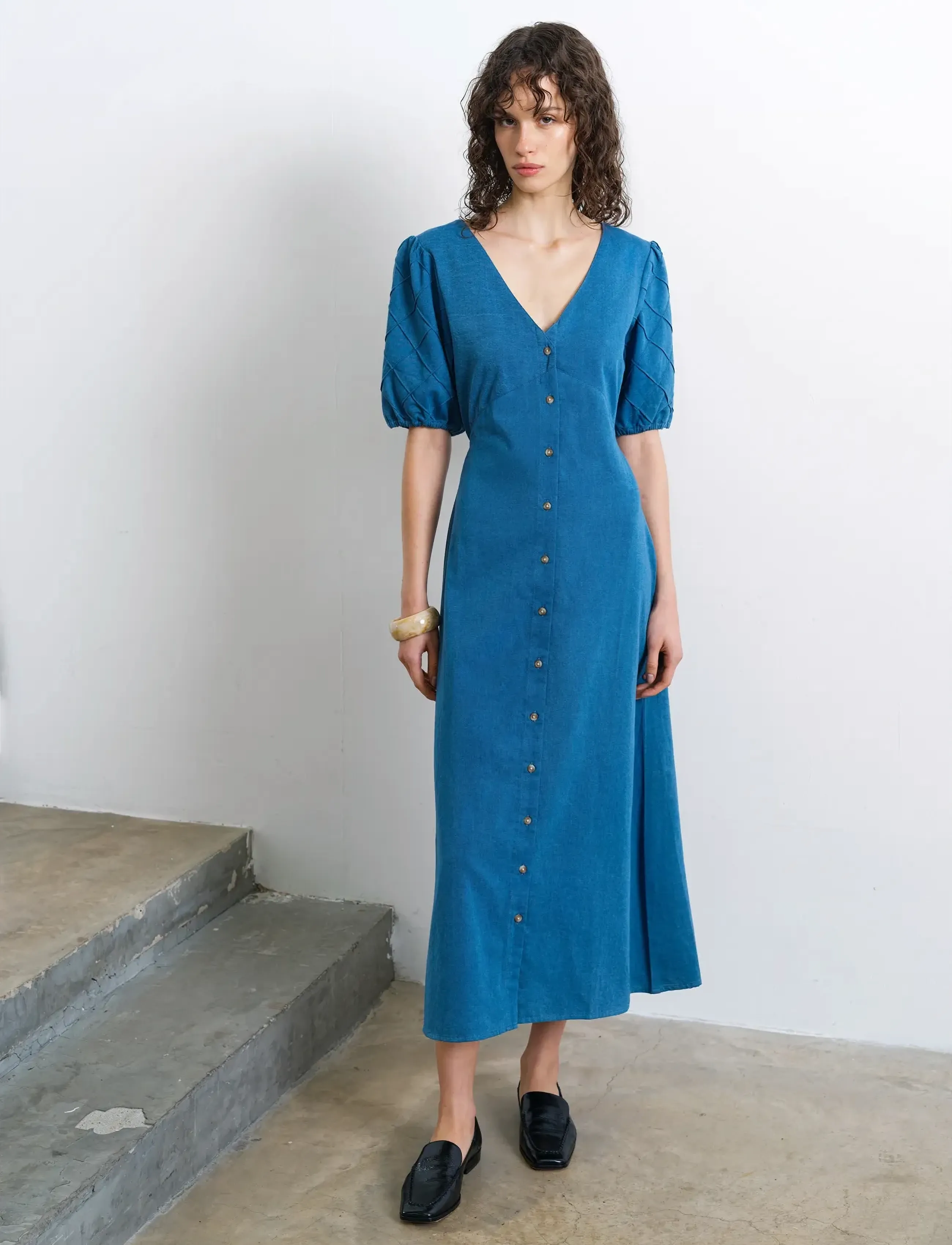 French Connection Zaves Chambray Puffslv Midi Dr, 42, Blue, Kjoler > Skjortekjoler, Dame