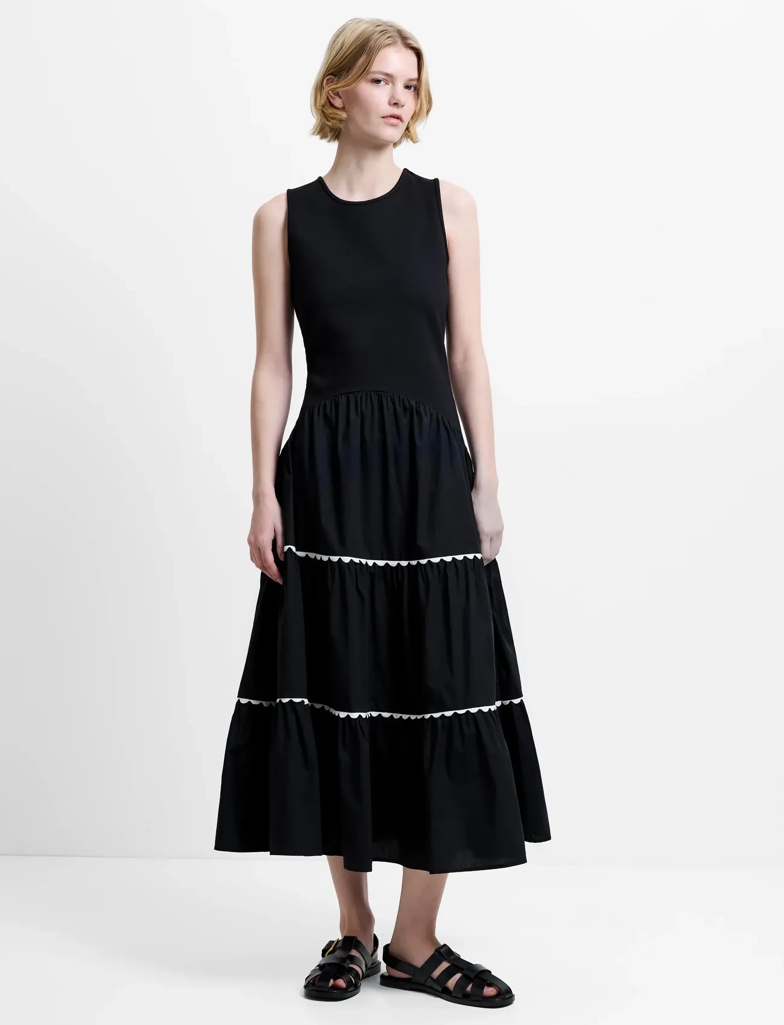French Connection Kaylie Jia Mix Ric Rac Midi, Kvinder, Ric Rac Tieret Midikjole, Sort, Str: L