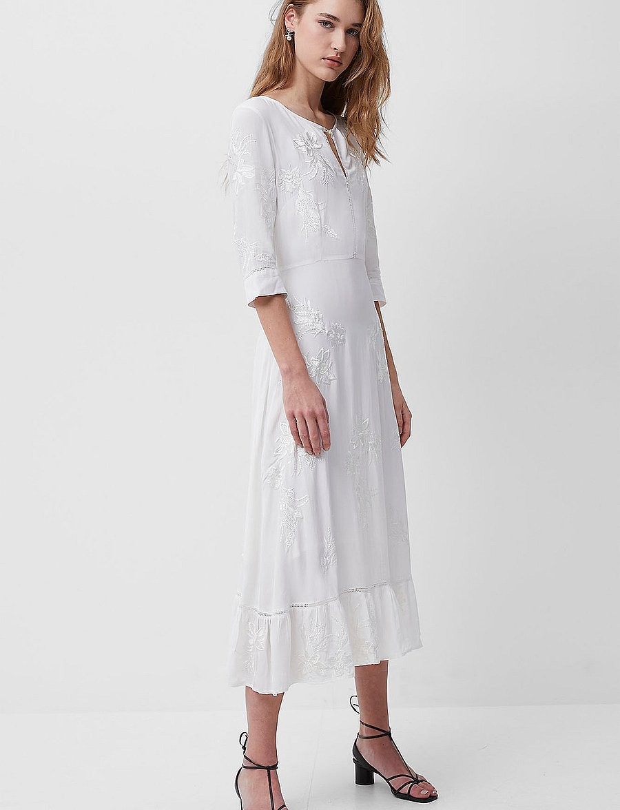 french connection white embroidered dress French Connection Cambria cotton embroidered mini shirt dress in White