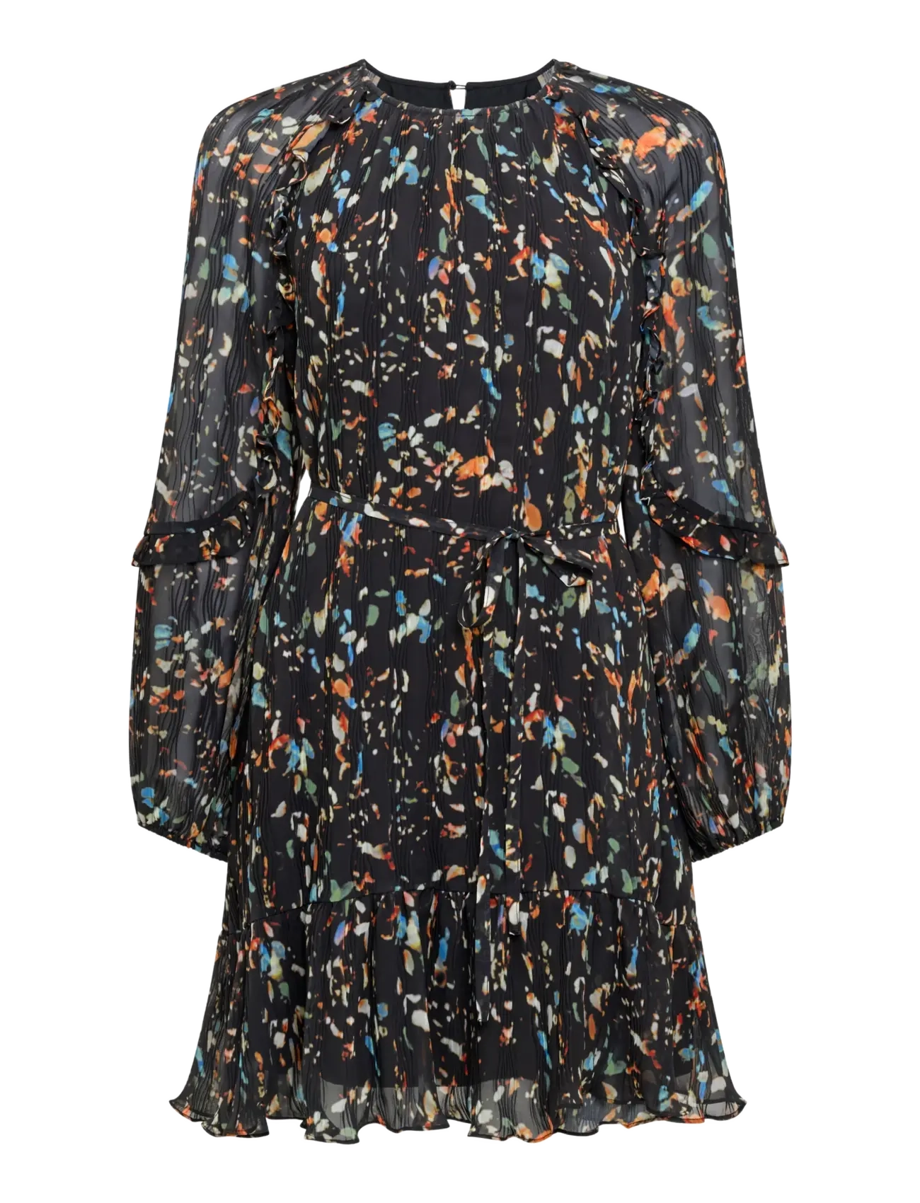 French Connection - KYLIE CLAUDETTE RUFFLES SLEEVE WAIST TIE MINI DRESS - festklänningar - black multi - 1
