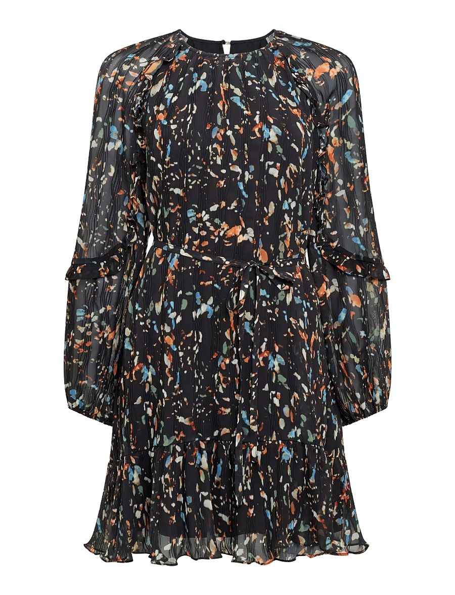 French Connection - KYLIE CLAUDETTE RUFFLES SLEEVE WAIST TIE MINI DRESS - festklänningar - black multi - 1