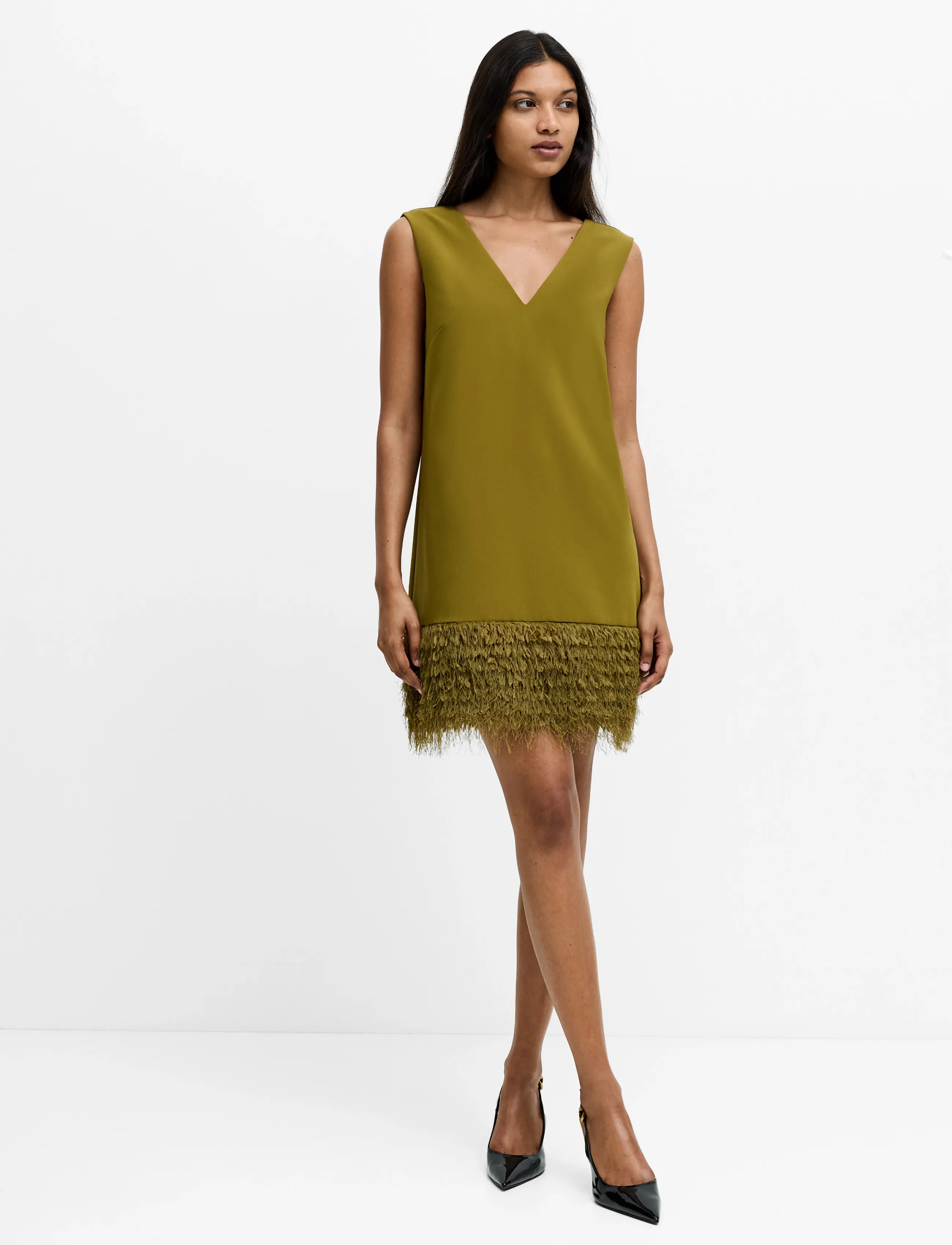 French Connection AZRA FAUX FEATHER HEM DRESS - Kjólar - MOSS GREEN / khaki/green