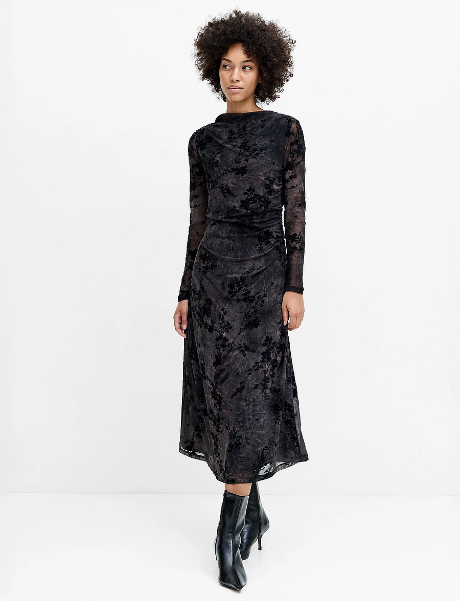 French Connection - KENNY MESH VELVET BURNOUT MIDI DRESS - midi kjoler - black/brown - 0