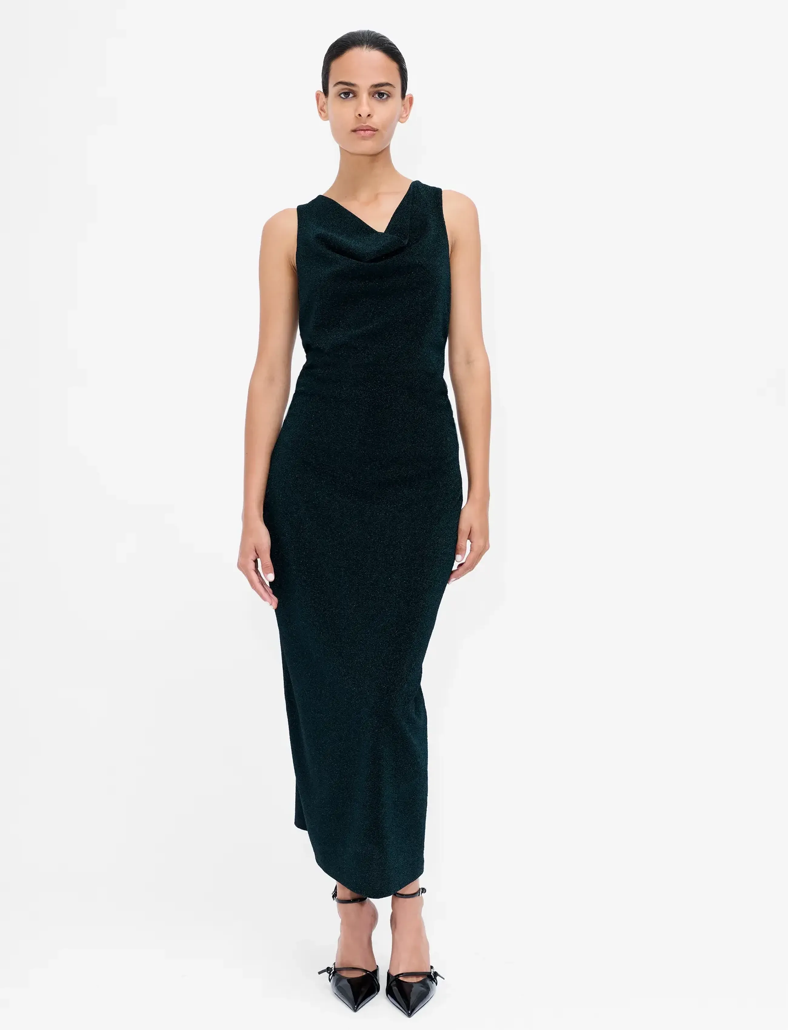 French Connection MEILIN LUREX COWL NECK MIDI DRESS - Midi Dresses - EMERALD GREEN / green
