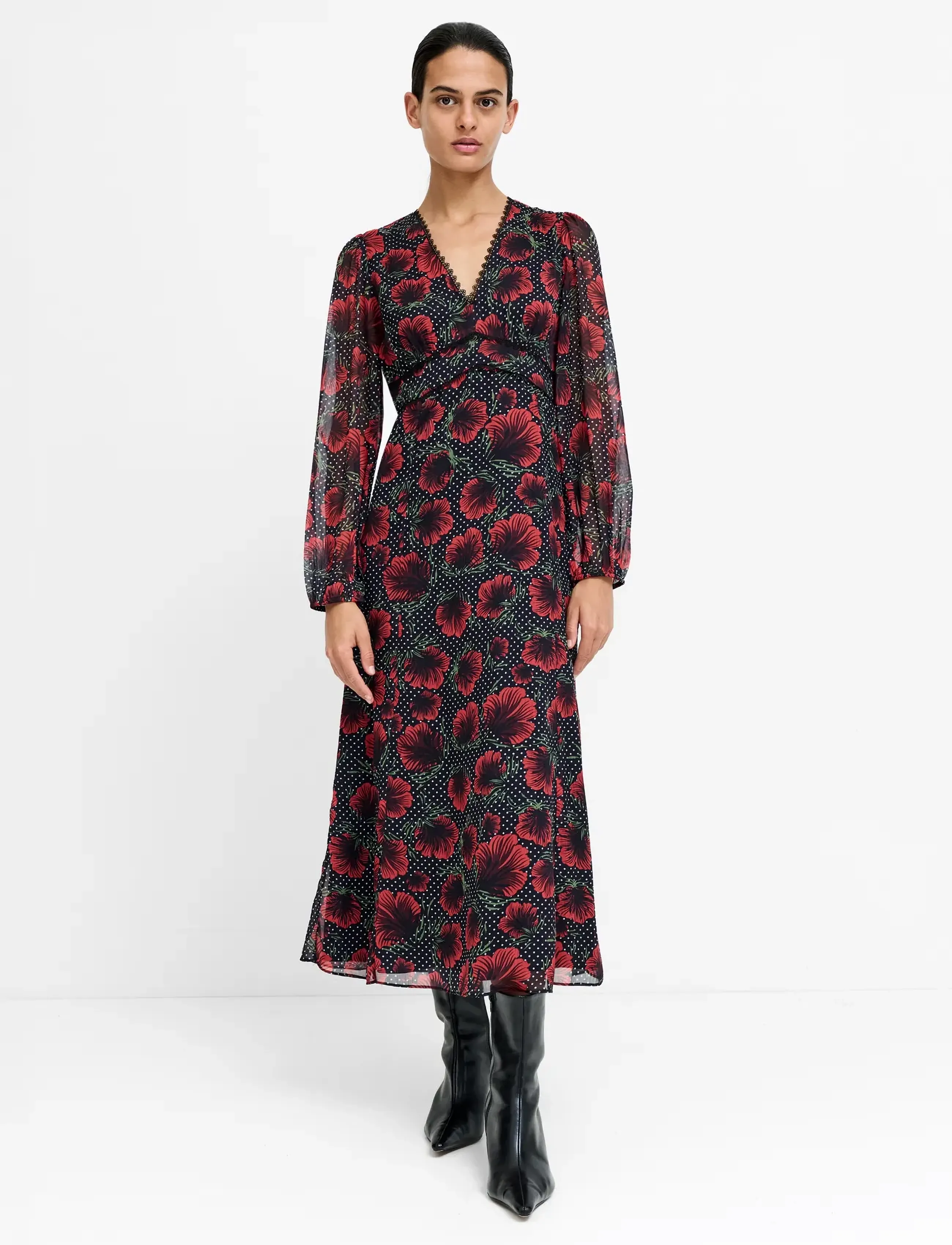 French Connection SARA EMINA CHIFFON MIDI DRESS - Midi Dresses - RED MULTI / red