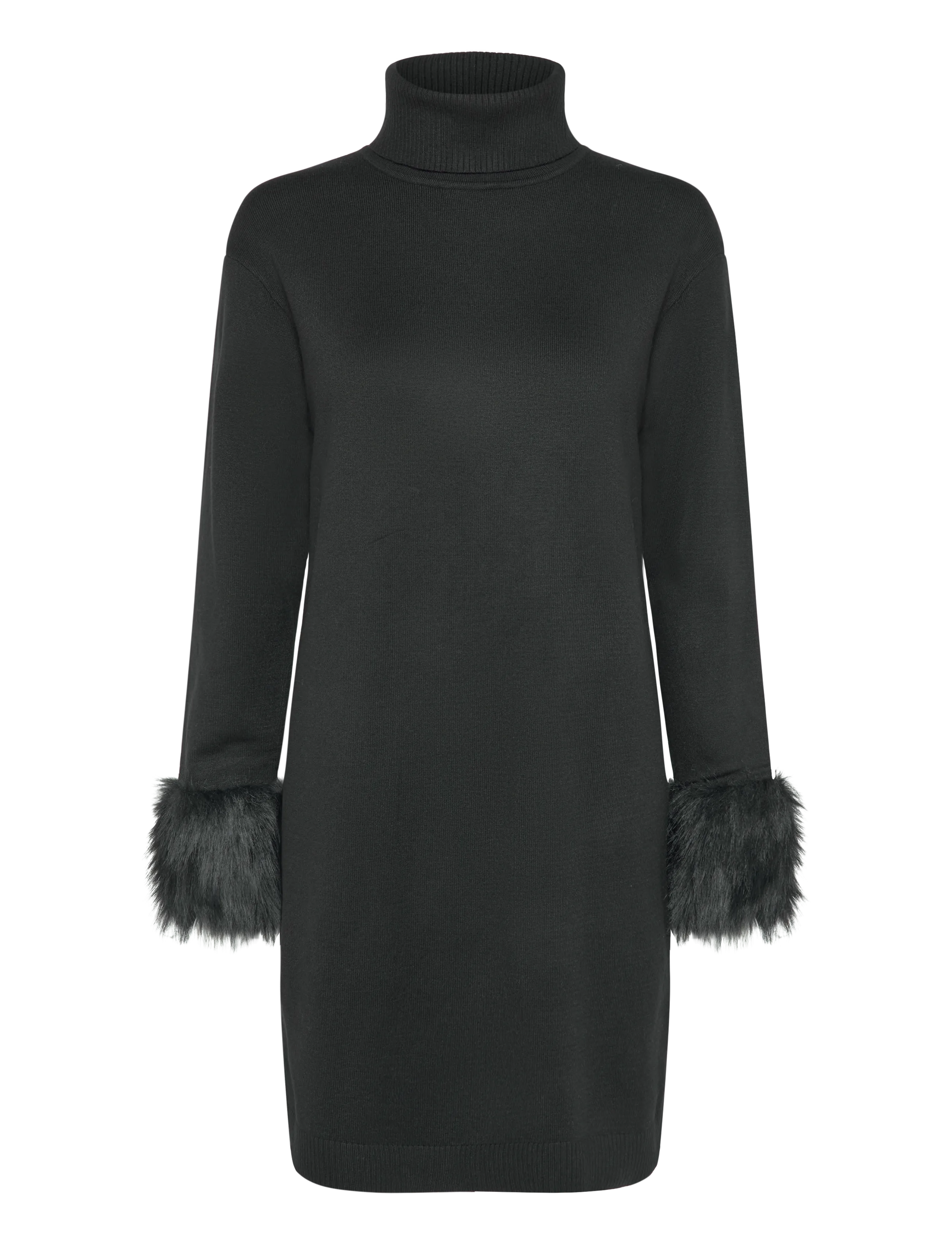 French Connection MOANA FAUX FUR TRIM KNIT DRESS - Kleidid - BLACK / black