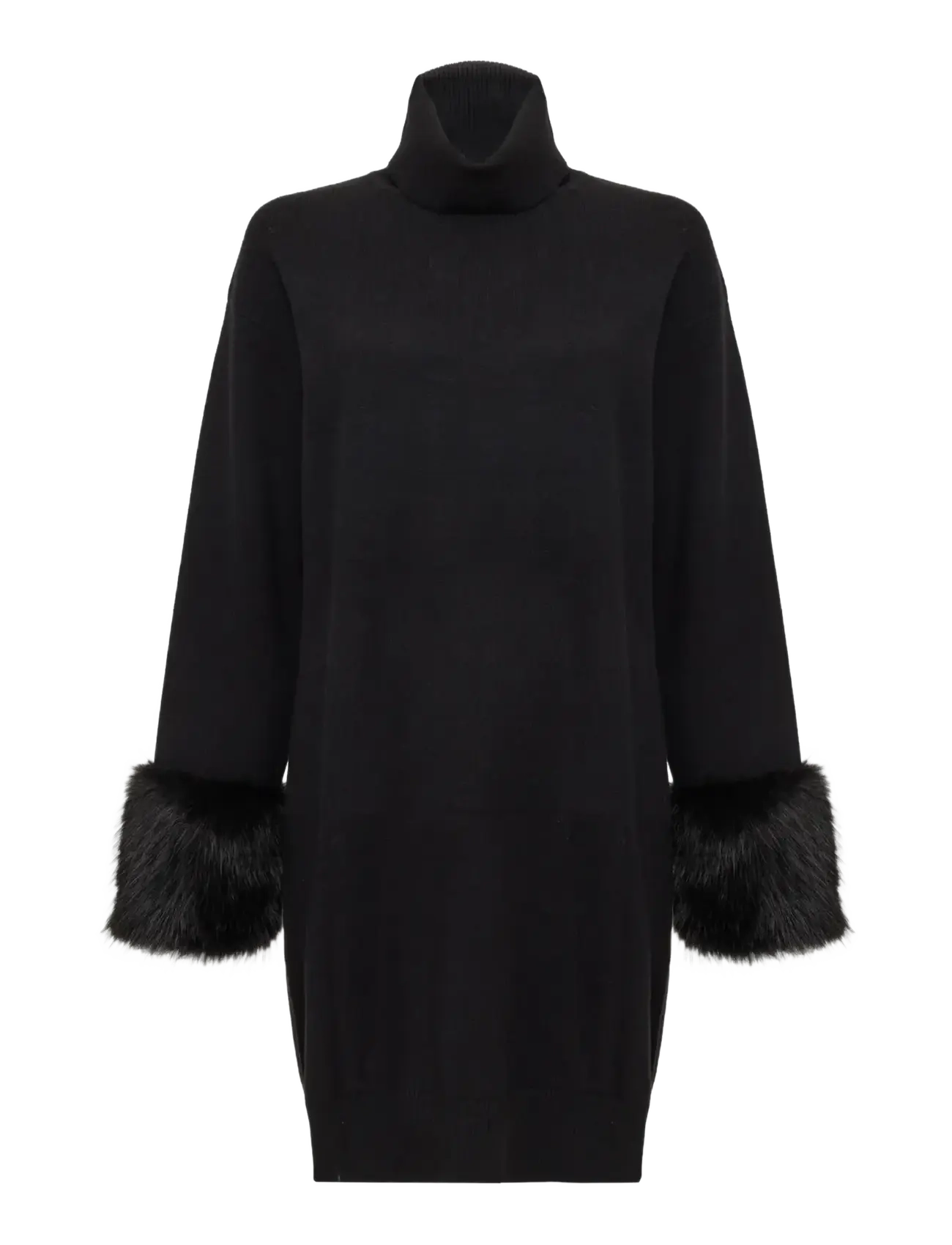French Connection - MOANA FAUX FUR TRIM KNIT DRESS - knitted dresses - black - 1