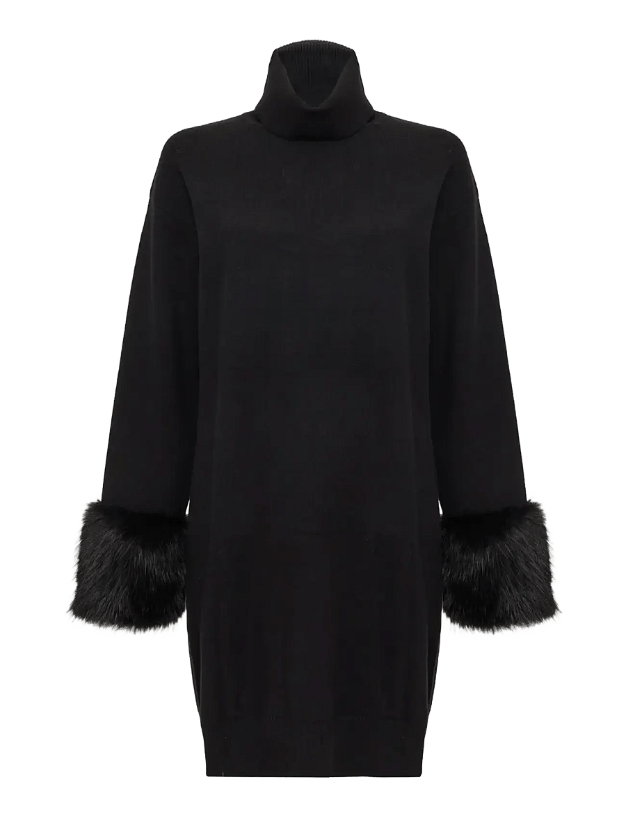 French Connection - MOANA FAUX FUR TRIM KNIT DRESS - knitted dresses - black - 1