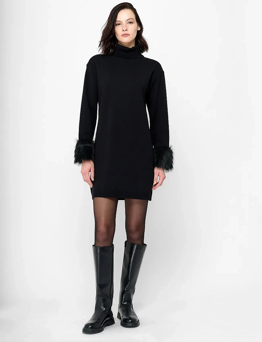 French Connection - MOANA FAUX FUR TRIM KNIT DRESS - knitted dresses - black - 0