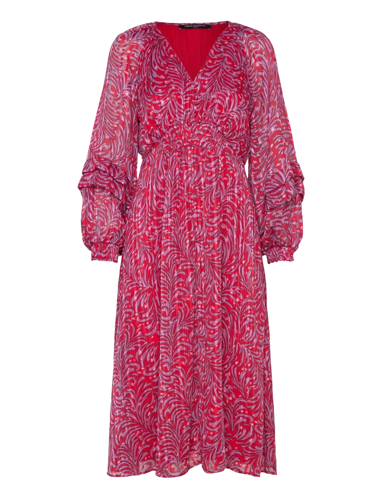 French Connection Amy Calista Midi Dress, Kvinder, Mønstret Ballonærme Midikjole, Rød, Str: 36
