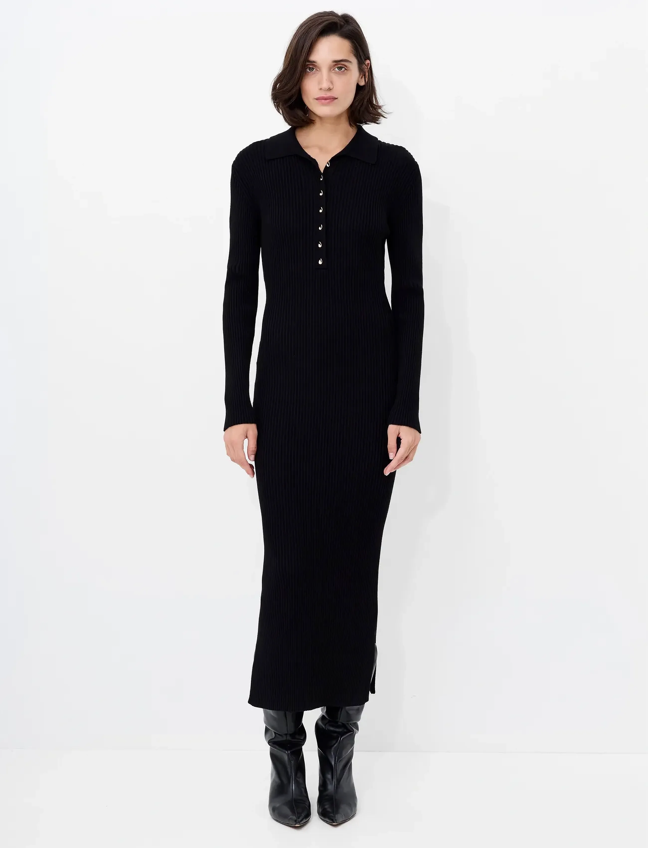 French Connection Mari L/S Collared Midi Dress, Kvinder, Ribstrikket Langærmet Krave Midikjole, Sort, Str: L