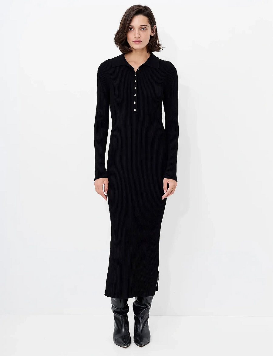 French Connection - MARI L/S COLLARED MIDI DRESS - t-särkkleidid - black - 0