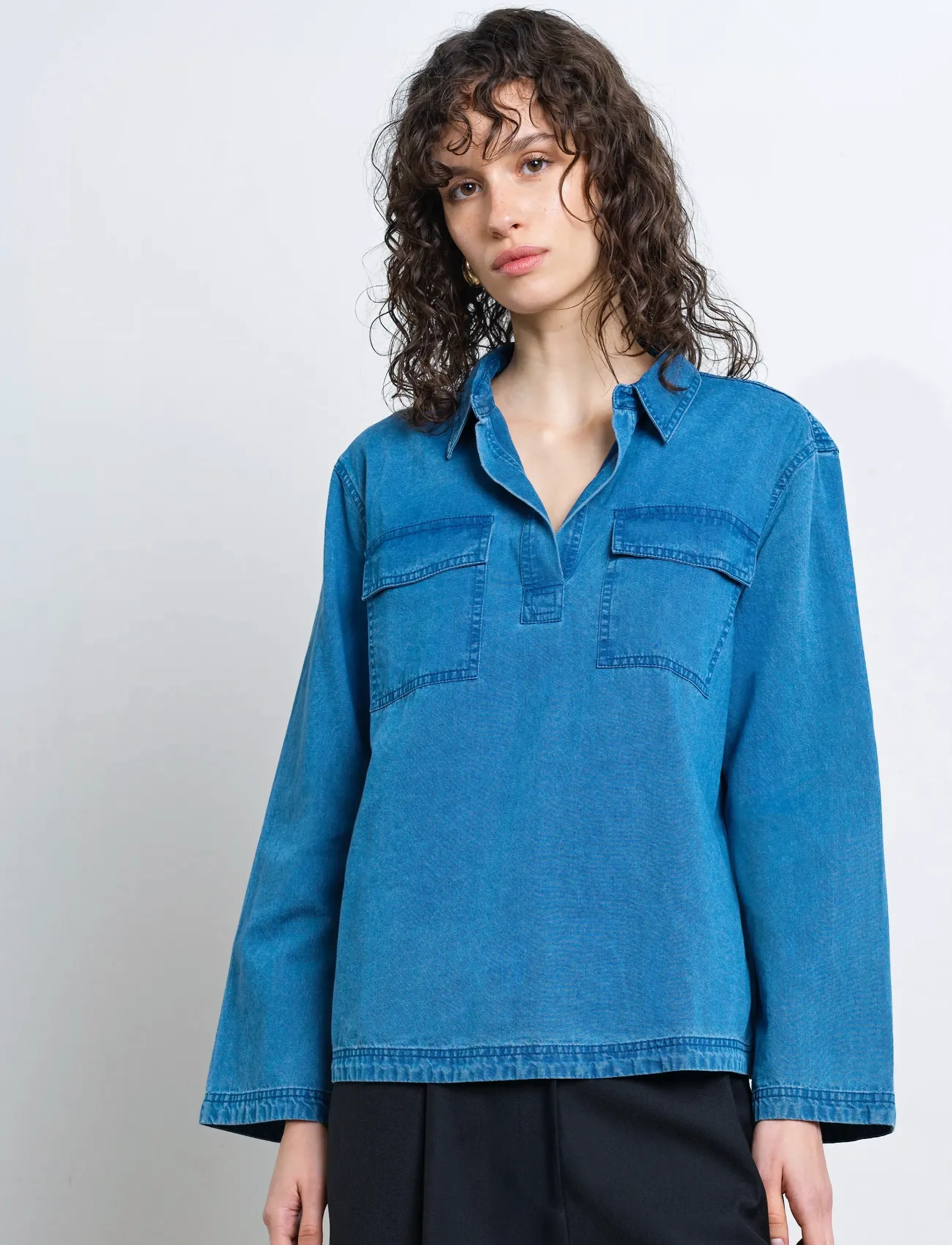 French Connection Zaves Chambray Pocket Shirt, Kvinder, Chambray Popover Skjorte, Blå, Str: XL