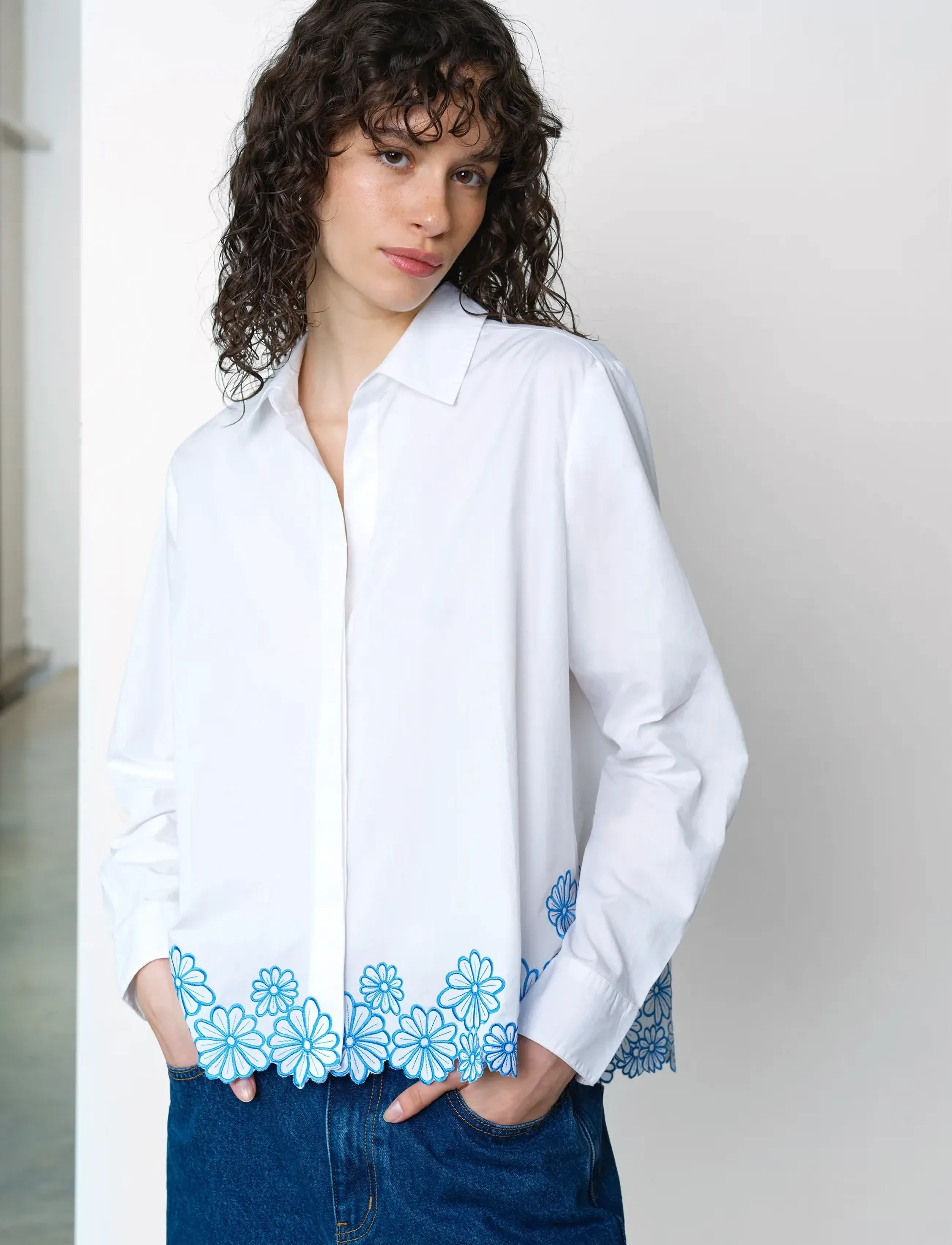French Connection Cambria Cotton Floral Hem Shir, L, Shirts, Weiß - Long-sleeved, Frauen