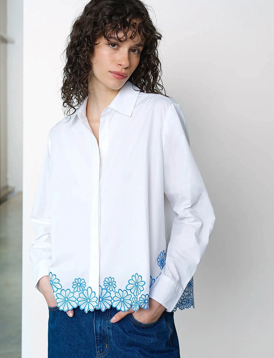 French Connection - CAMBRIA COTTON FLORAL HEM SHIR - langærmede skjorter - linen white/azure bl - 0