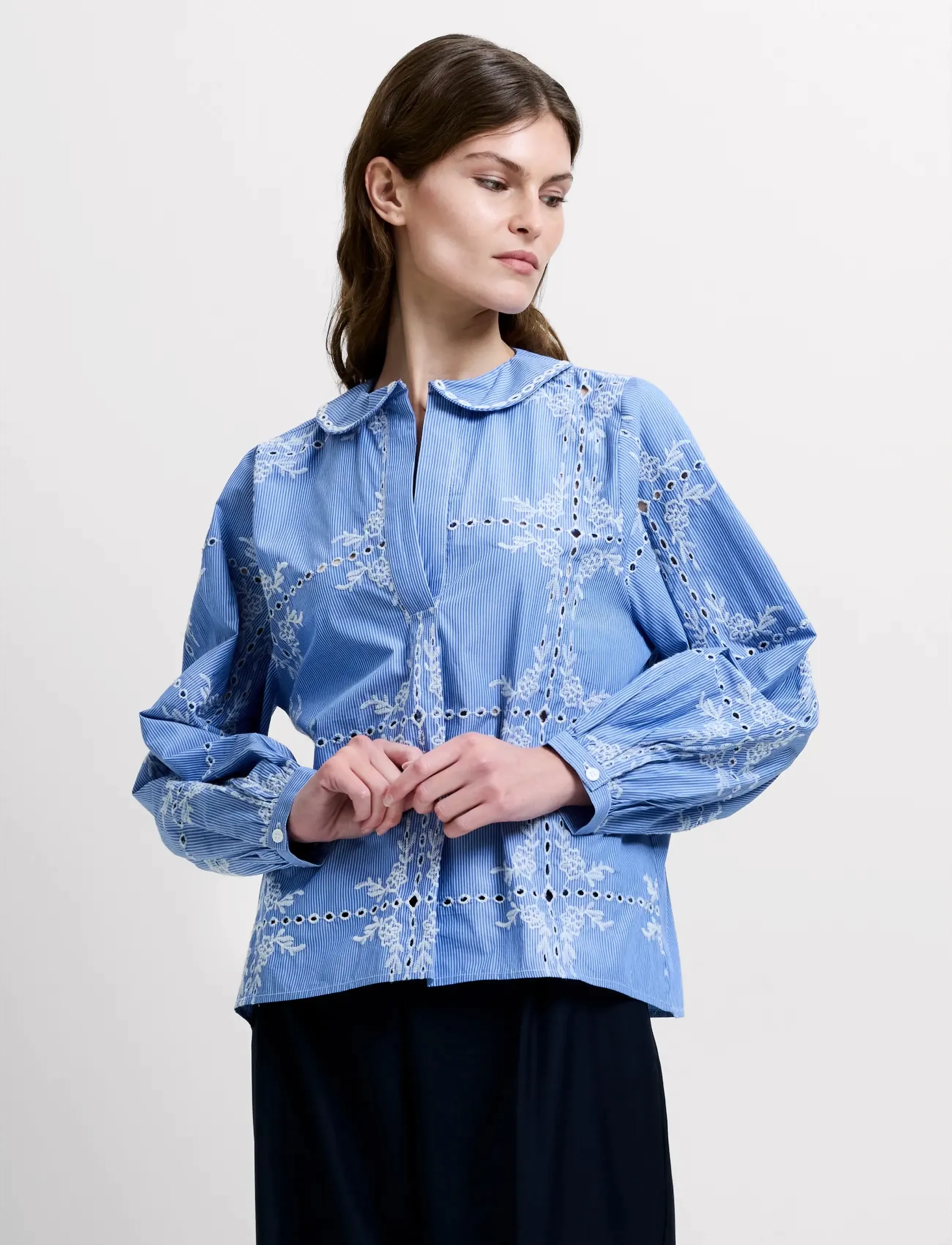 French Connection Grayson Peter Pan Collar Top, M, Blue, Bluser > Langærmede, Dame