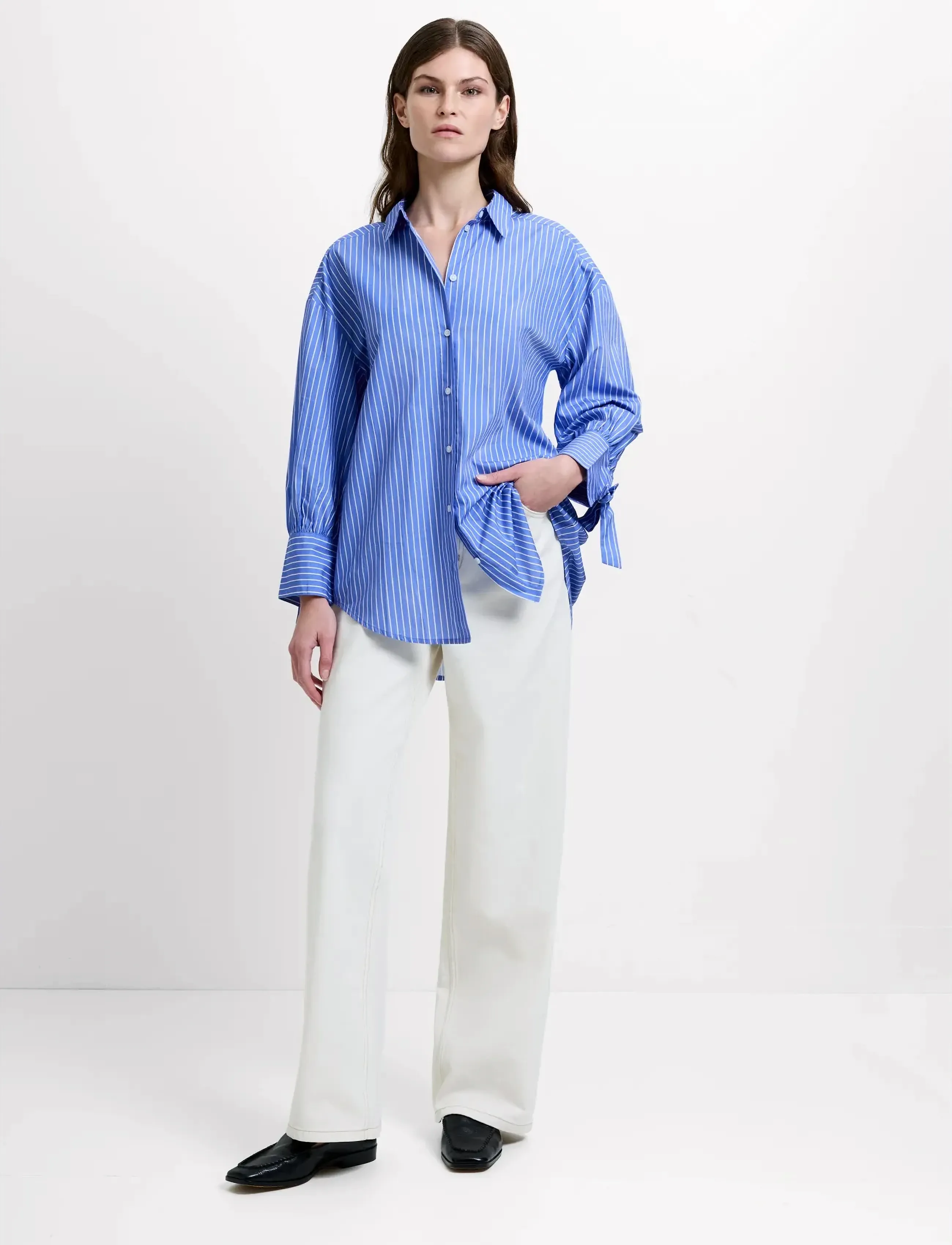 French Connection CAMBRIA COTTON STRIPED BOW SHI - Shirts - AZURE BLUE/LINEN WHI / blue