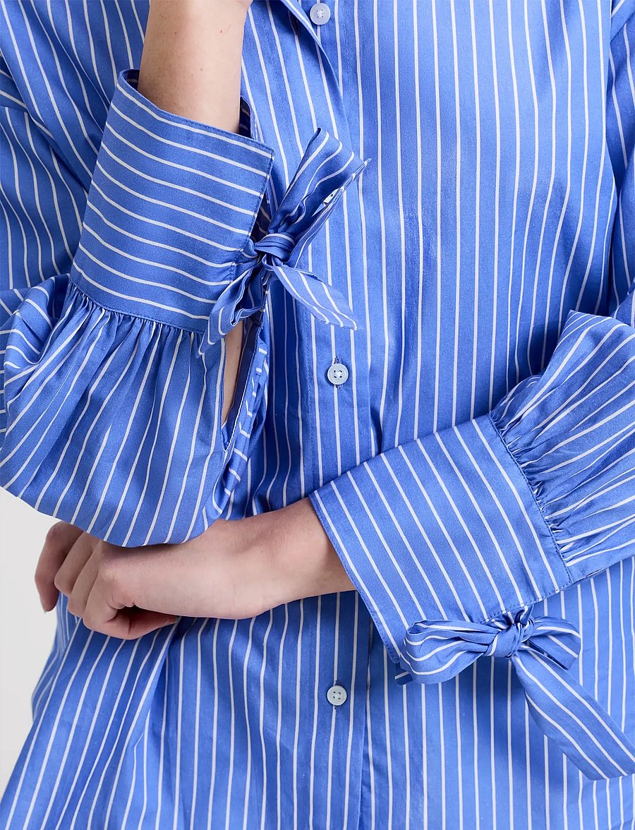 French Connection - CAMBRIA COTTON STRIPED BOW SHI - langærmede skjorter - azure blue/linen whi - 4