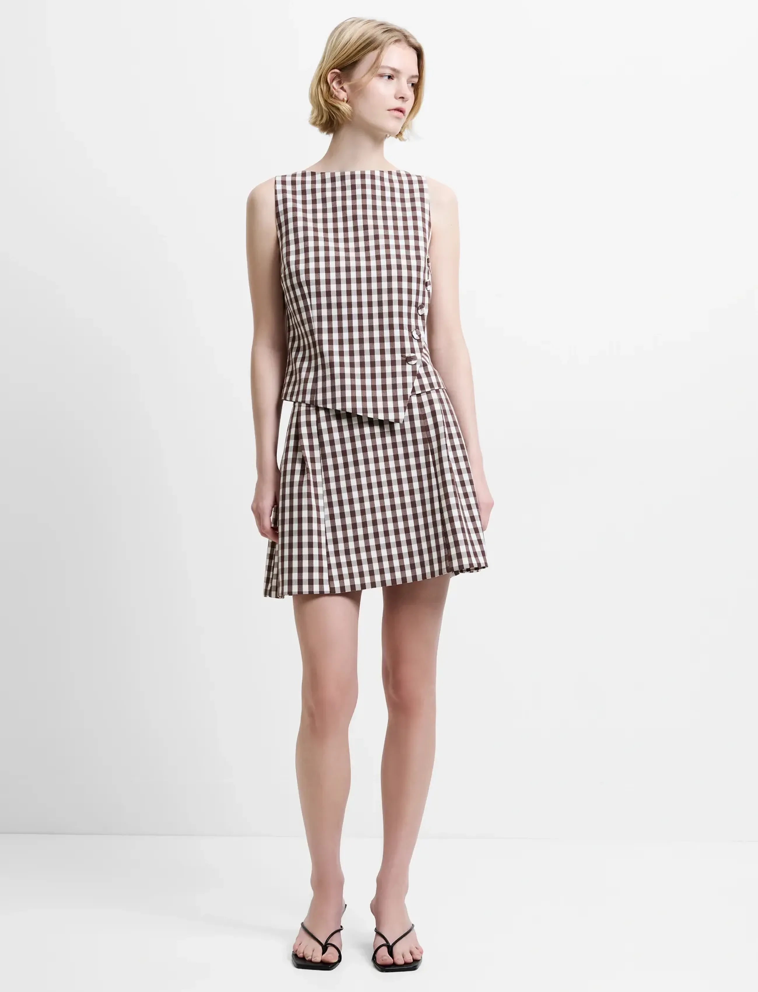 French Connection Lexi Suiting Asymmetric Top, Kvinder, Gingham Asymmetrisk Jakkesæt Top, Brun, Str: 42