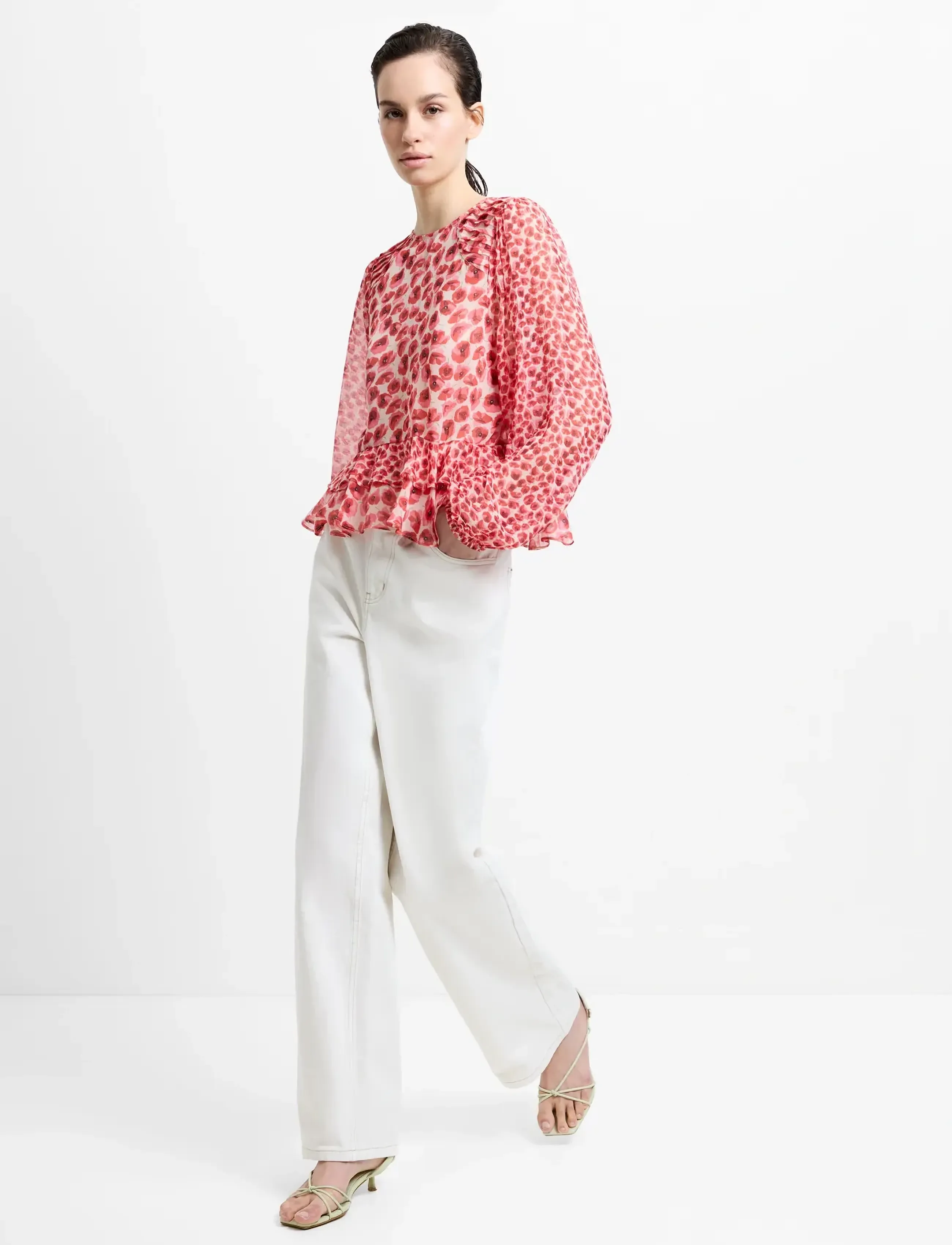 French Connection Poppy Emina Semi Sheer Top, Kvinder, Flæset Peplum Top, Rød, Str: S